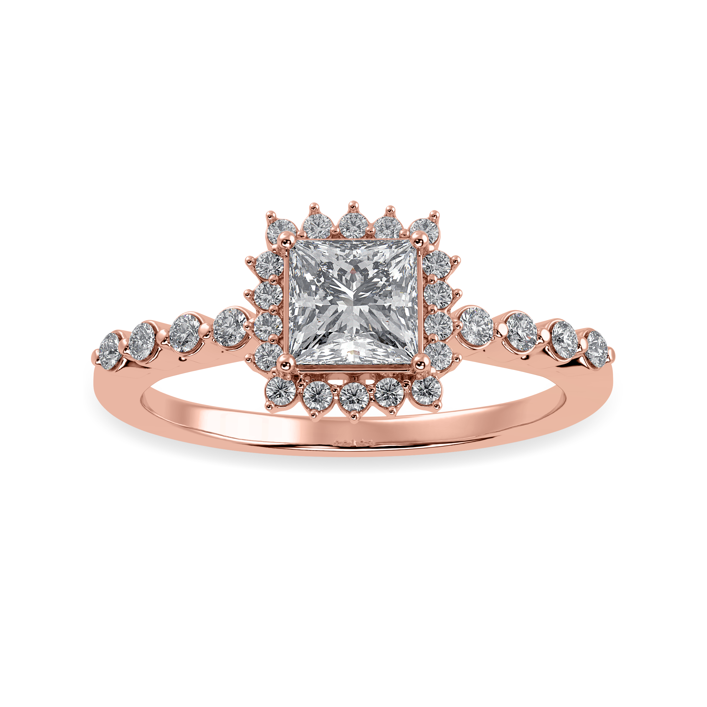 50-Pointer Princess Cut Solitaire Halo Diamond Shank 18K Rose Gold Ring JL AU 1248R-A   Jewelove.US