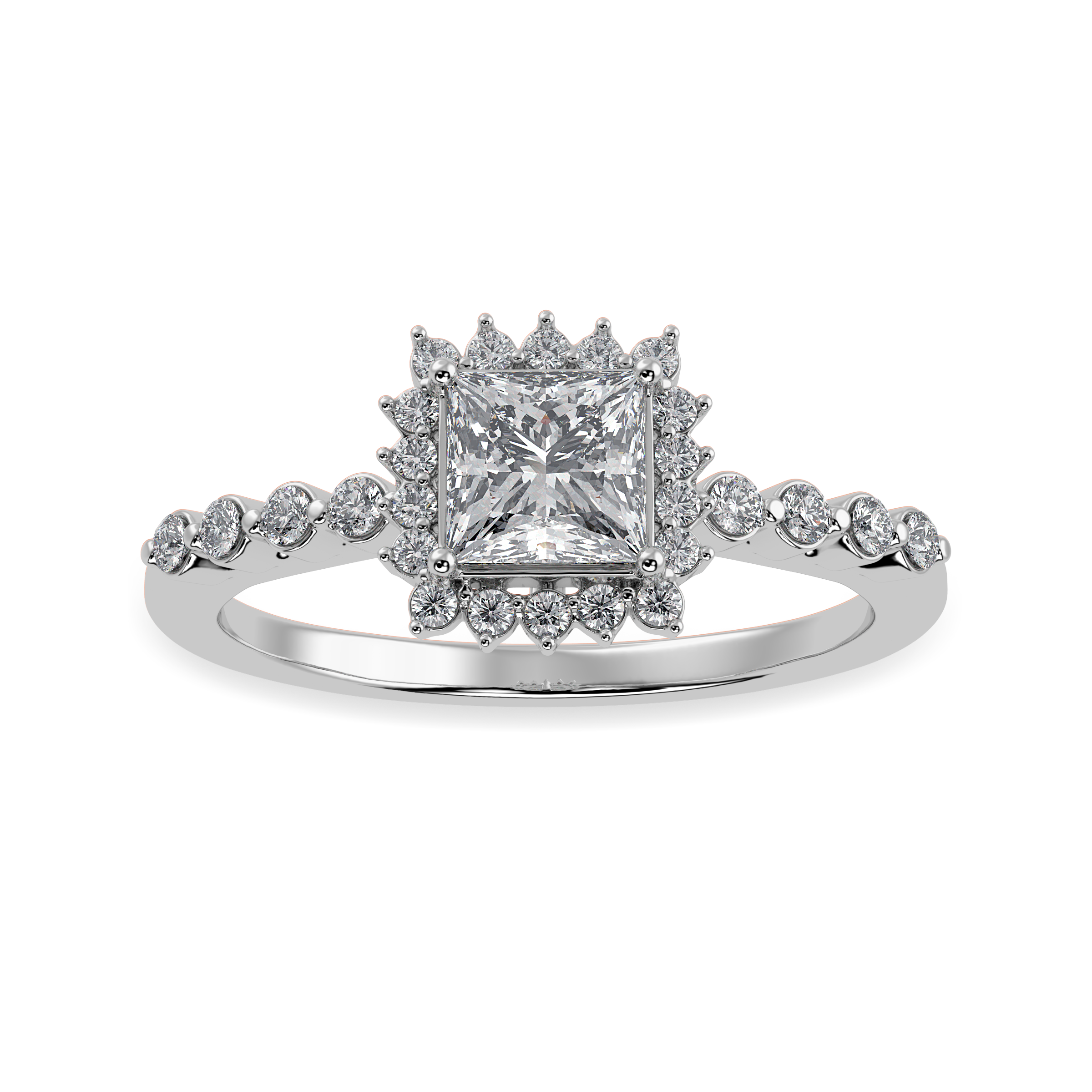 70-Pointer Princess Cut Solitaire Halo Diamond Shank Platinum Ring JL PT 1248-B   Jewelove.US