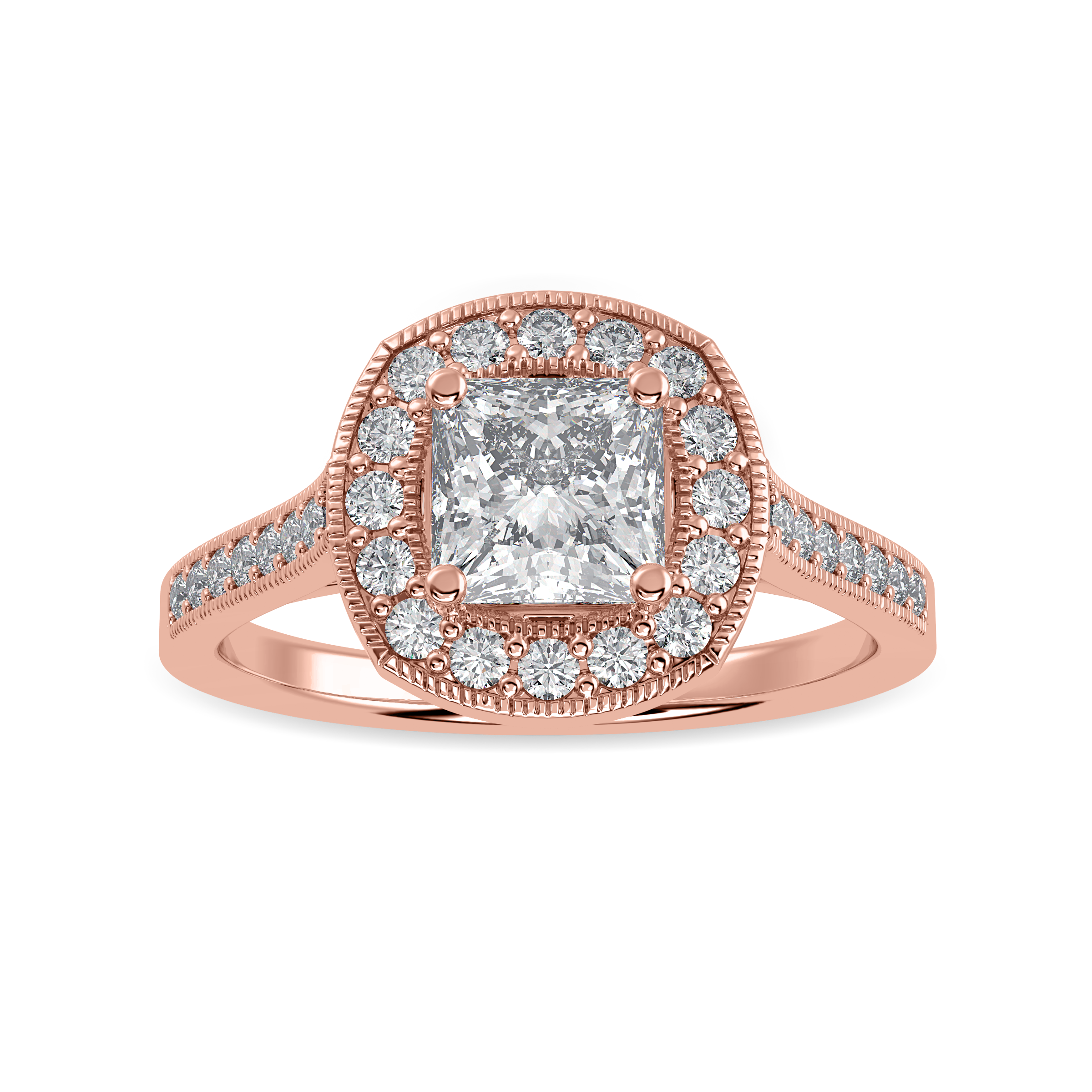 50-Pointer Princess Cut Solitaire Halo Diamond Shank 18K Rose Gold Ring JL AU 1331R-A   Jewelove.US