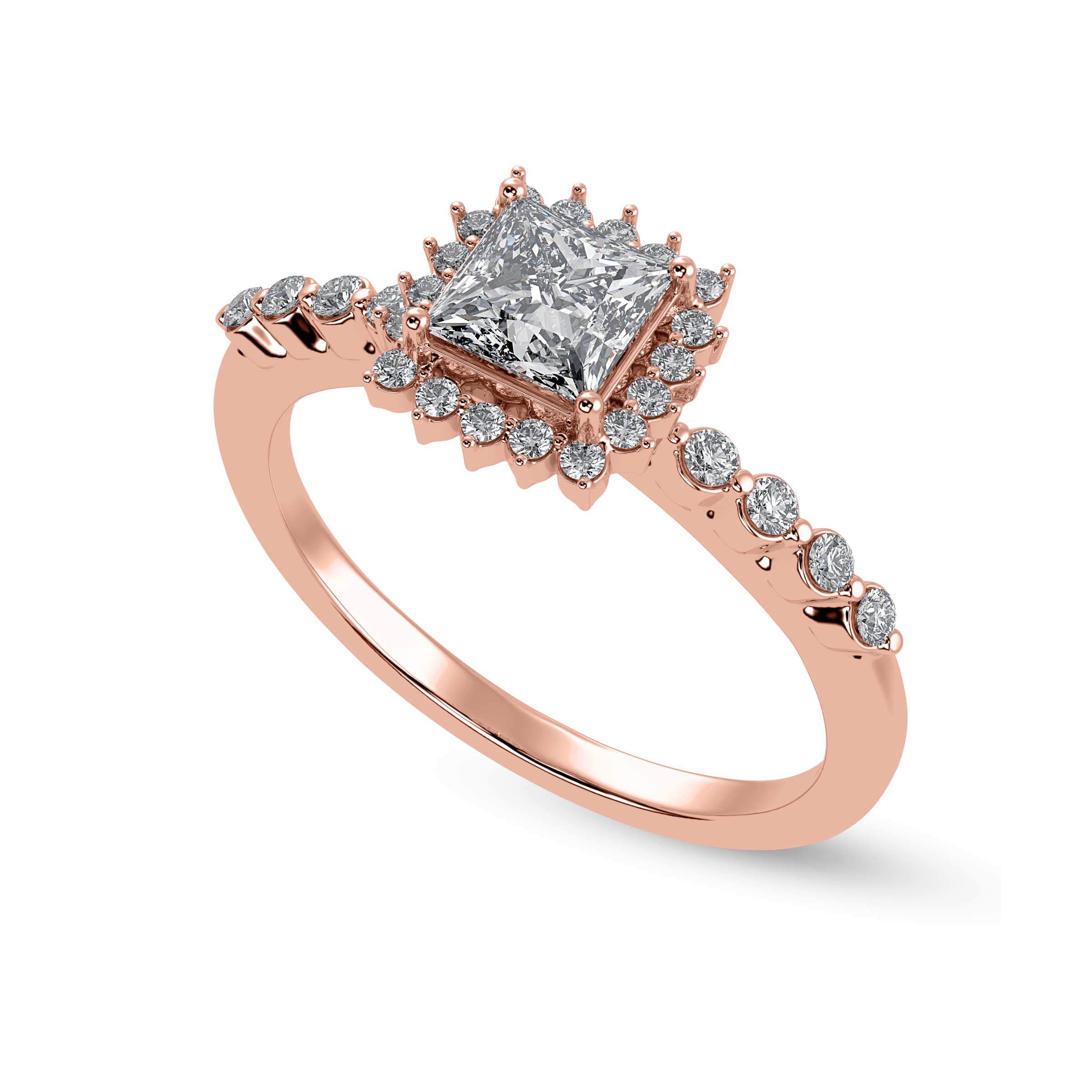 50-Pointer Princess Cut Solitaire Halo Diamond Shank 18K Rose Gold Ring JL AU 1248R-A   Jewelove.US