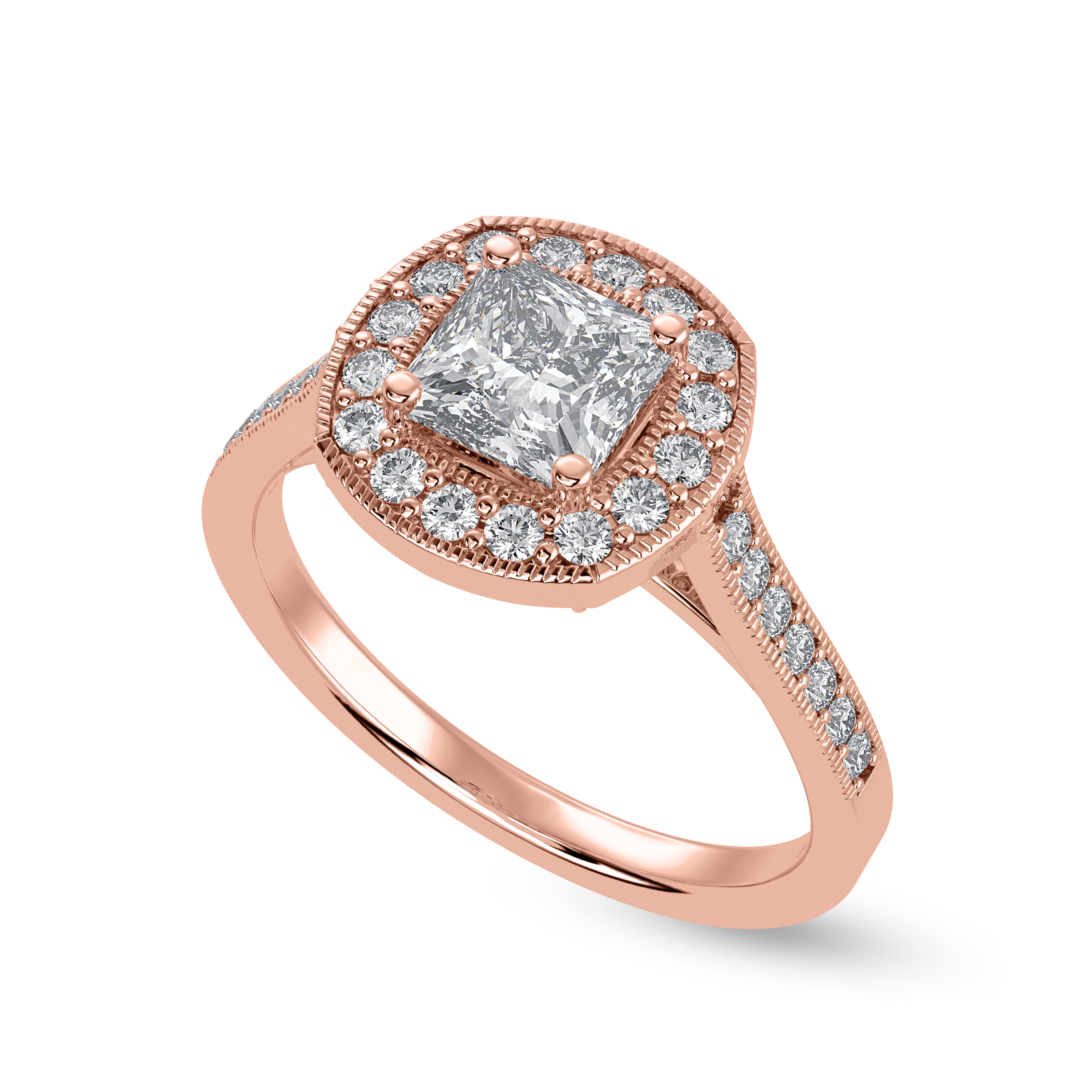 50-Pointer Princess Cut Solitaire Halo Diamond Shank 18K Rose Gold Ring JL AU 1331R-A   Jewelove.US