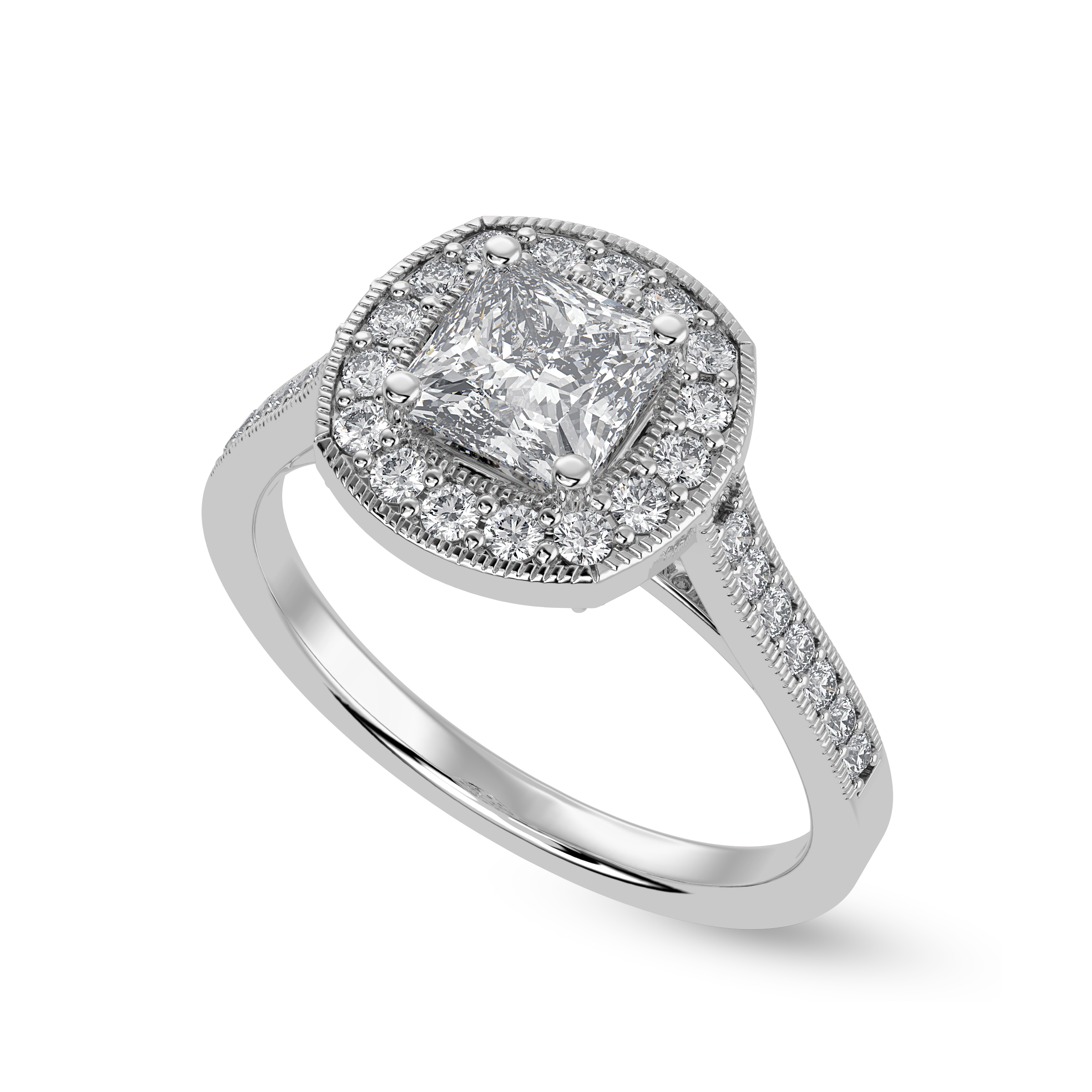 50-Pointer Princess Cut Solitaire Halo Diamond Shank Platinum Ring JL PT 1331-A   Jewelove.US