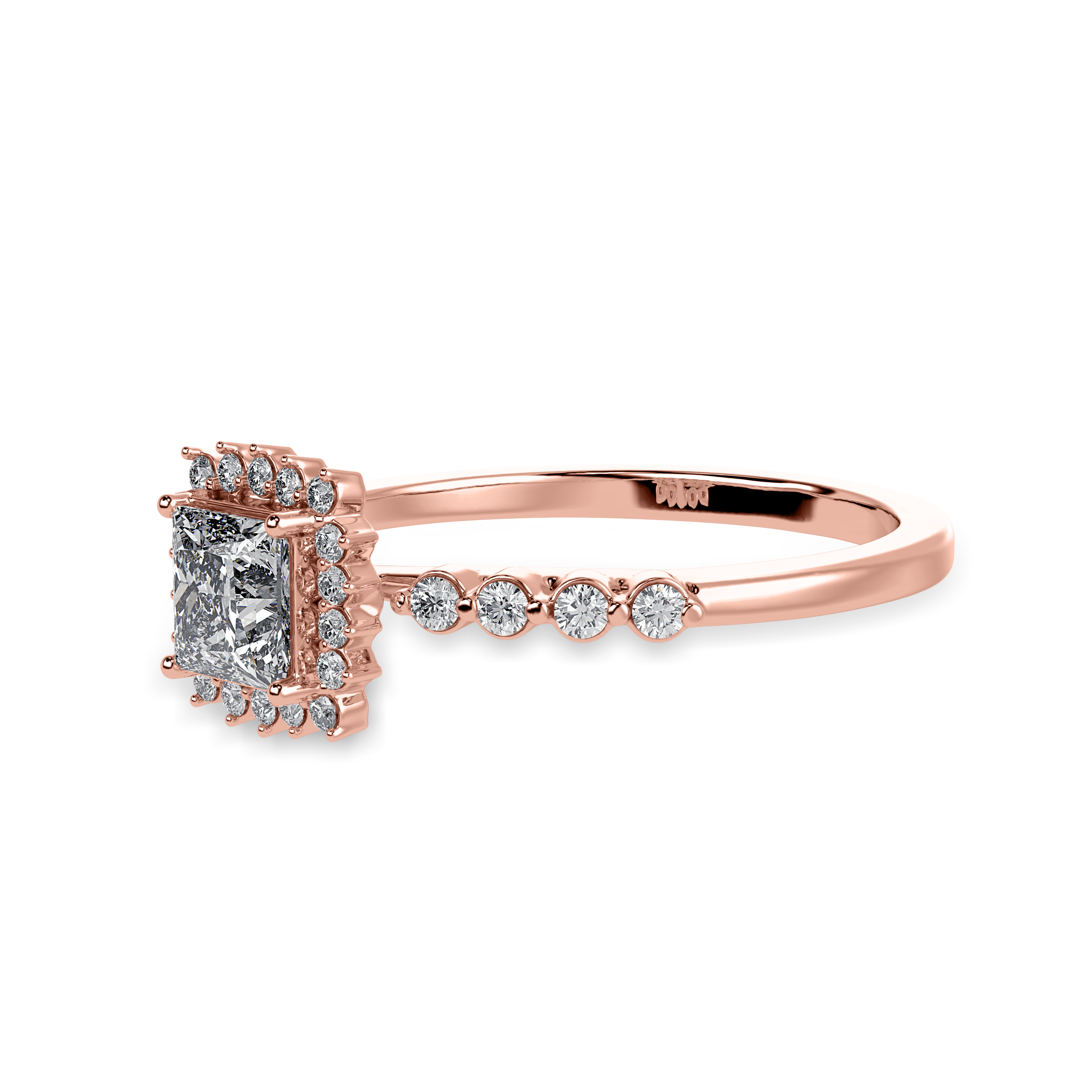 70-Pointer Princess Cut Solitaire Halo Diamond Shank 18K Rose Gold Ring JL AU 1248R-B   Jewelove.US