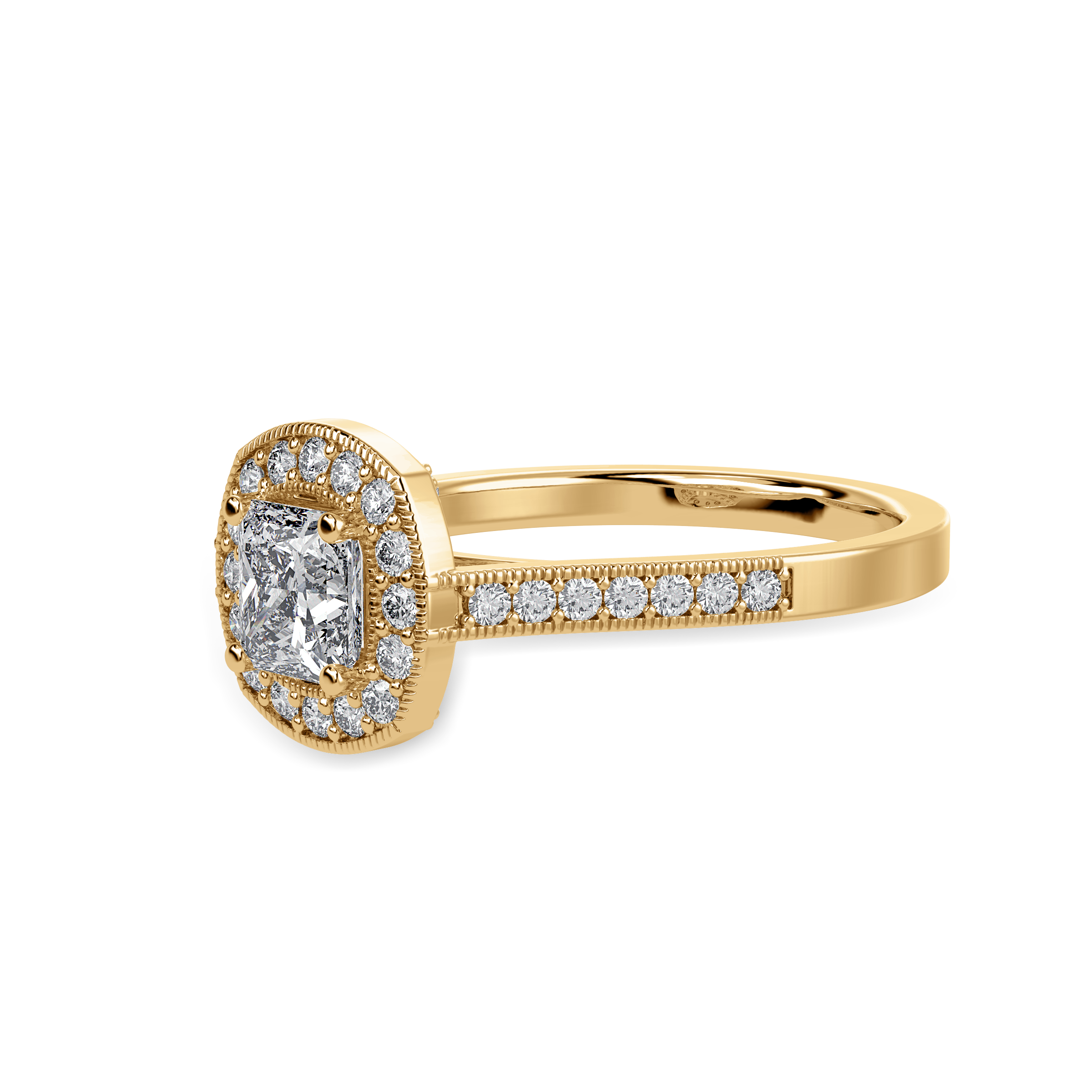 50-Pointer Princess Cut Solitaire Halo Diamond Shank 18K Yellow Gold Ring JL AU 1331Y-A   Jewelove.US