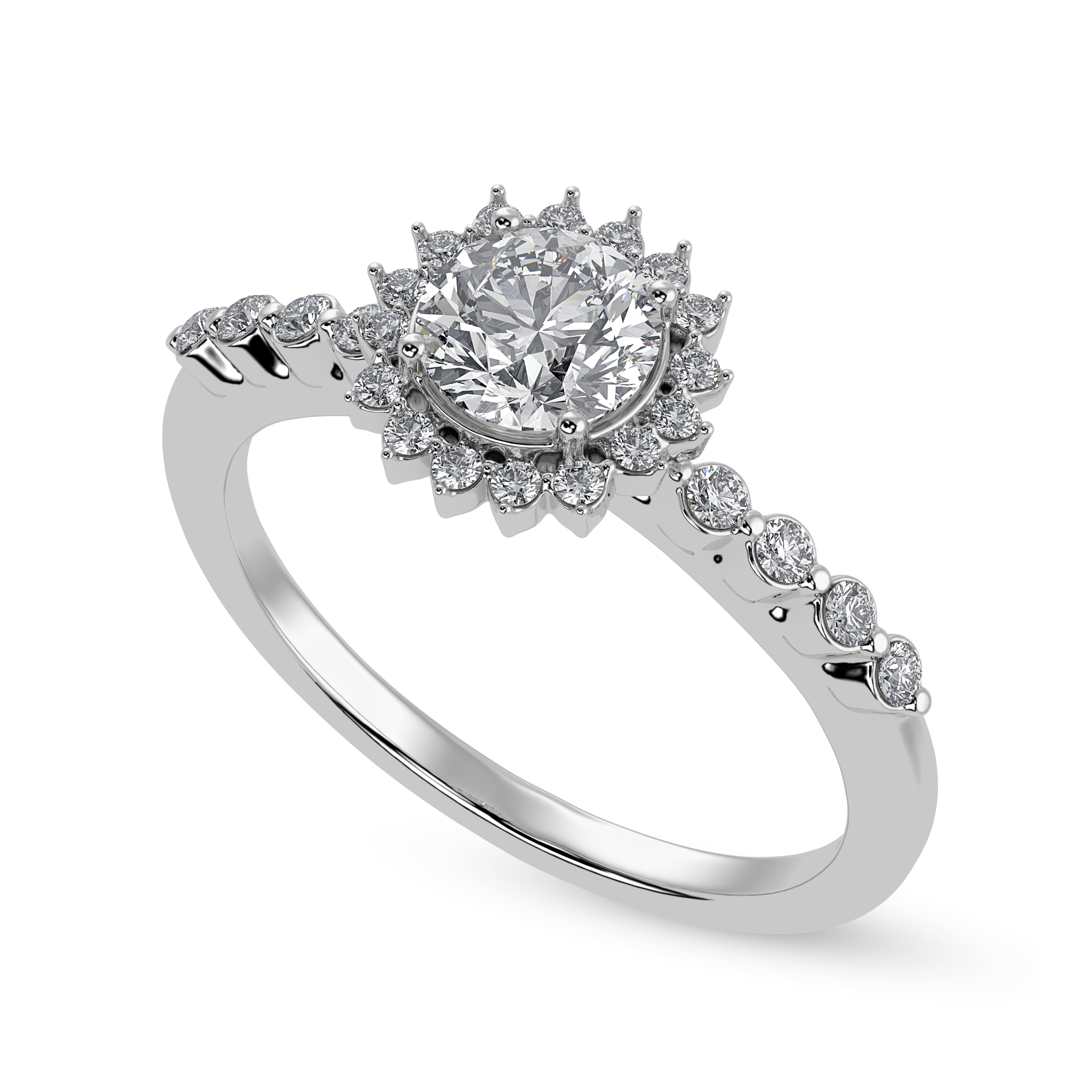 70-Pointer Solitaire Halo Diamond Shank Platinum Ring JL PT 1247-B