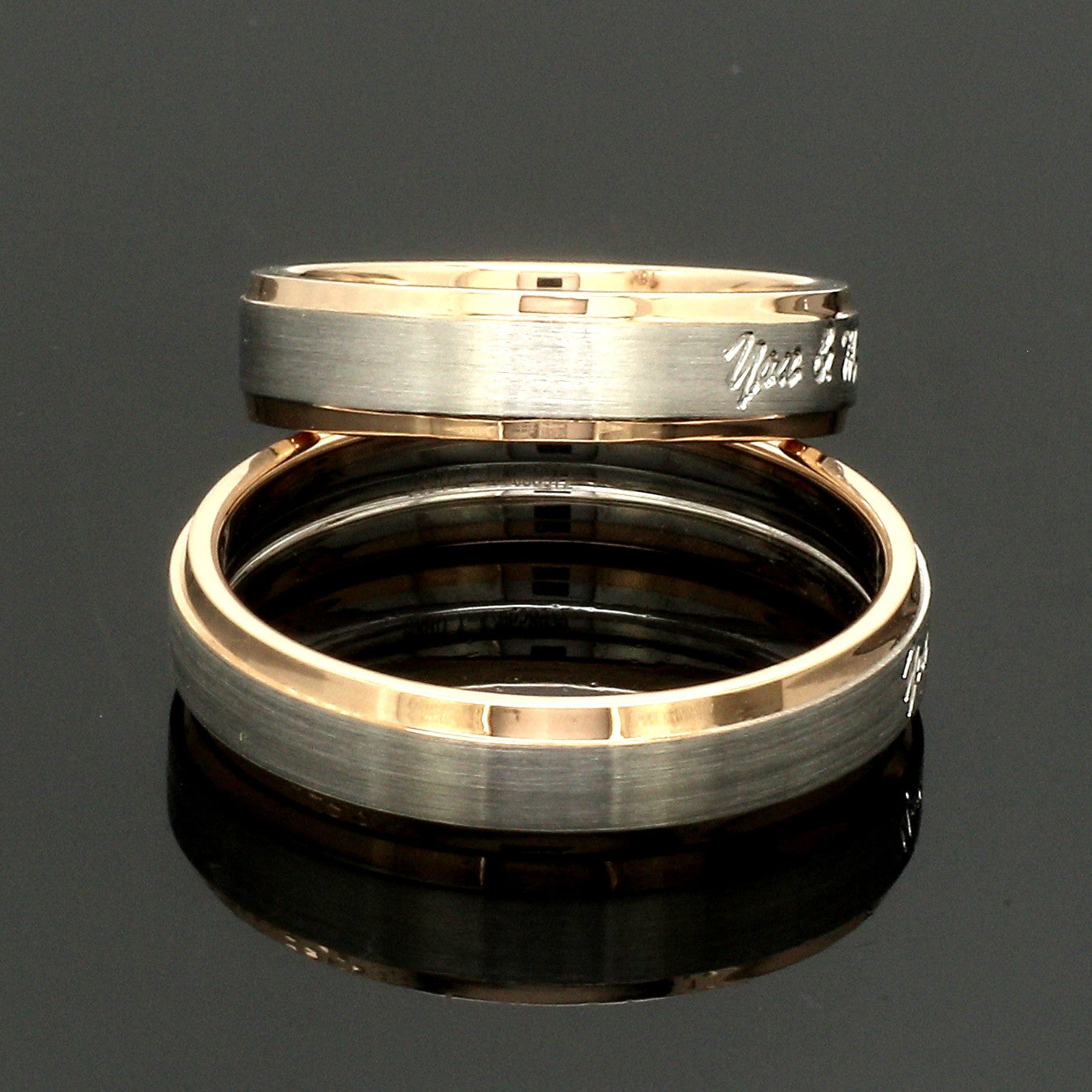 Engraved Platinum Love Bands with Rose Gold You & Me Ring JL PT 1404