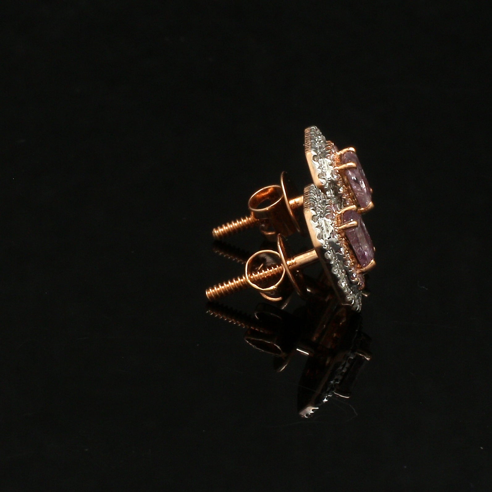 18K Rose Gold Pink Emerald Cut Diamond Earrings with Light Pink & White Round Diamond JL AU PD 106