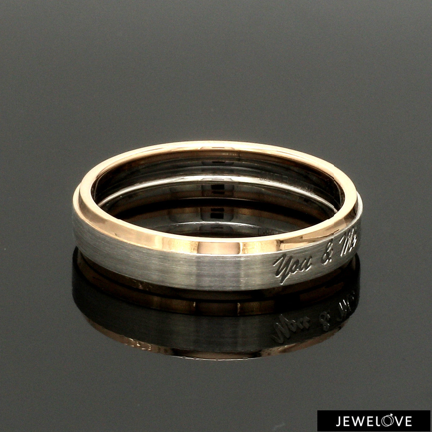 Engraved Platinum Love Bands with Rose Gold You & Me Ring JL PT 1404
