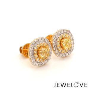 Natural Fancy Color Yellow Diamond Cushion Shape Double Halo 18K Gold Earrings  JL AU E 337Y   Jewelove