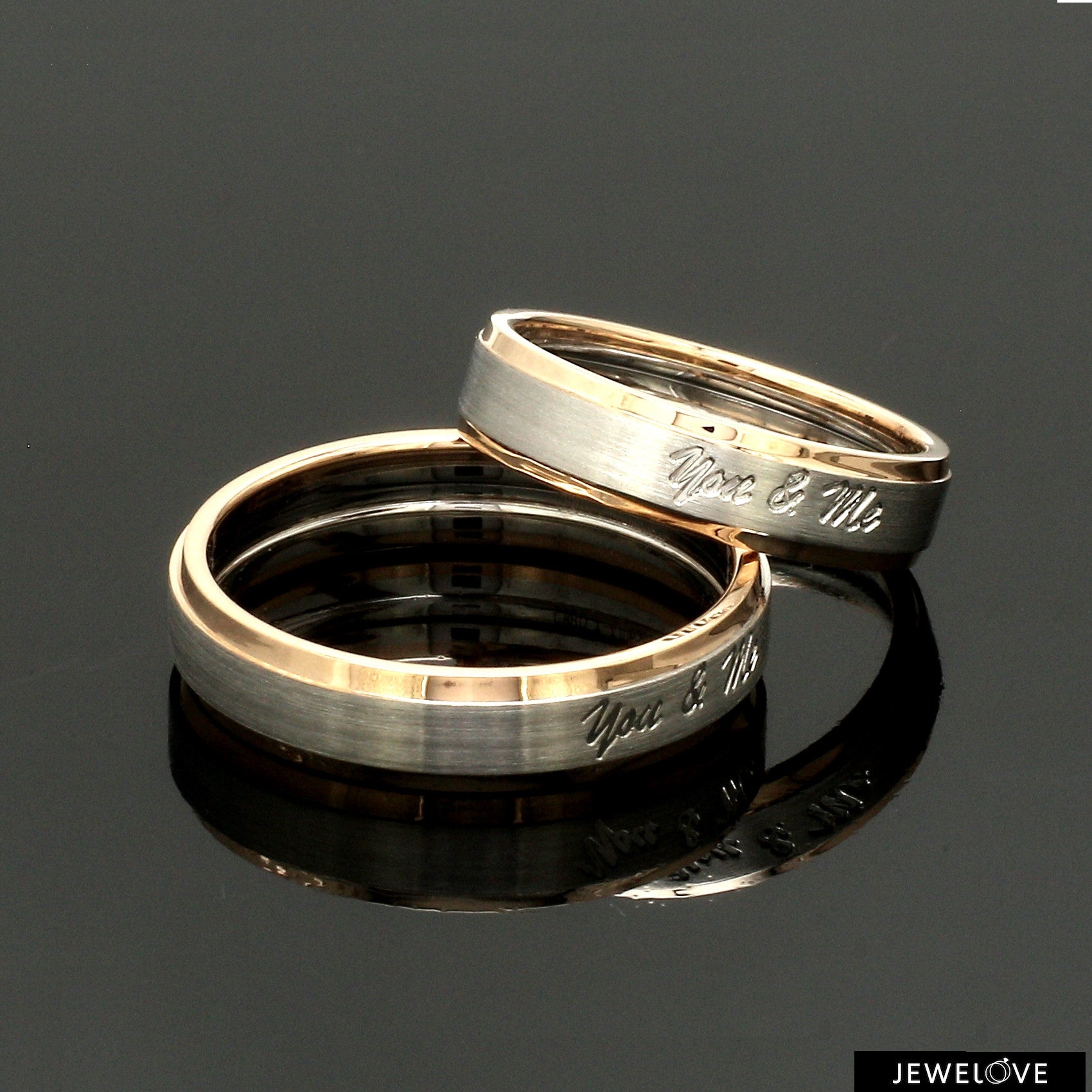 Engraved Platinum Love Bands with Rose Gold You & Me Ring JL PT 1404