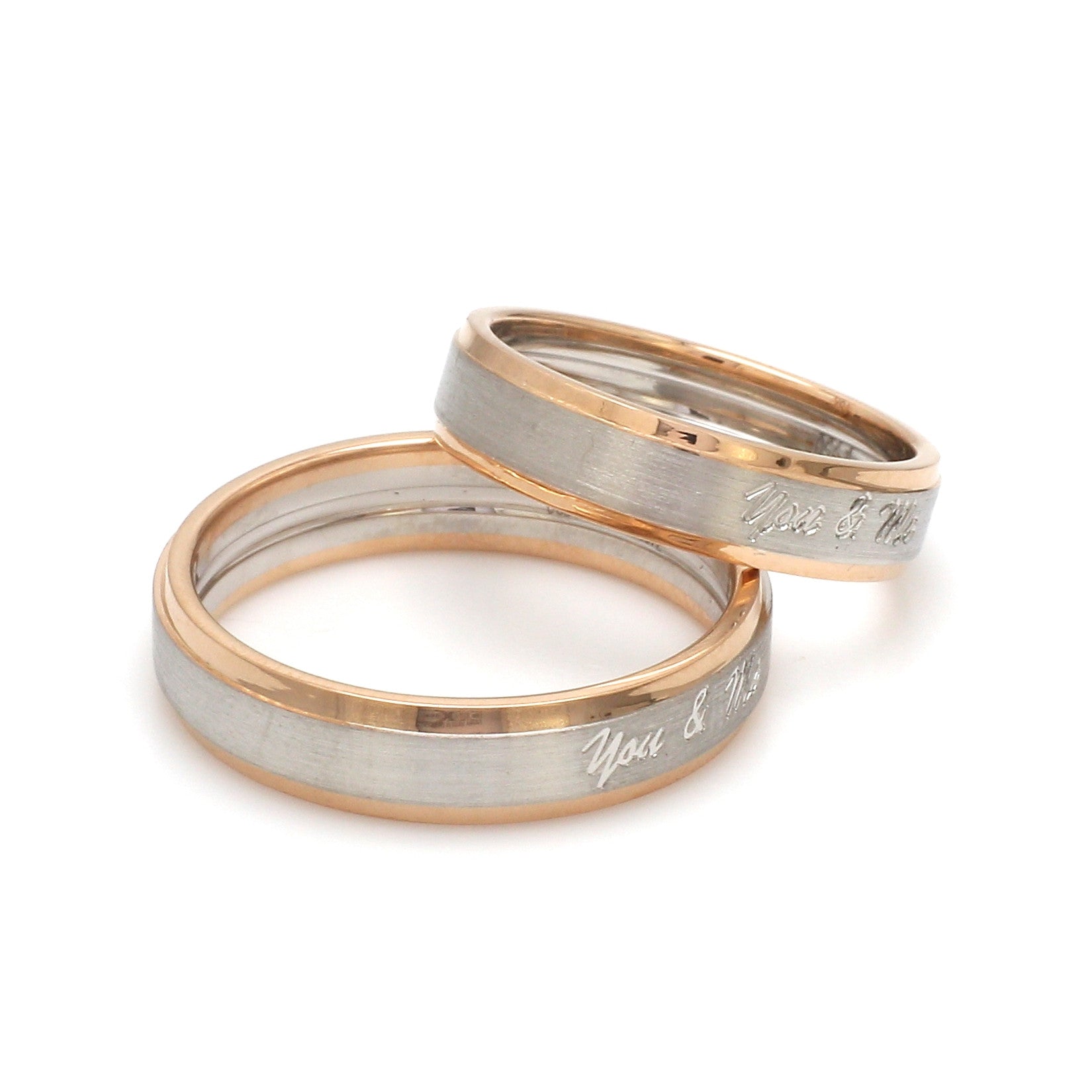 Engraved Platinum Love Bands with Rose Gold You & Me Ring JL PT 1404