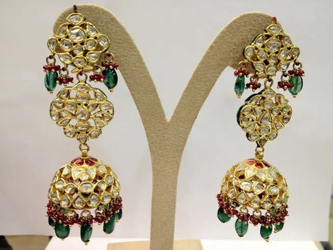 Statement Jewelry Earrings with Diamond Polki and Emeralds by Suranas Jewelove   Jewelove