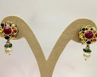 Traditional Indian Navrattan Earrings with Uncut Diamond Polki by Jewelove   Jewelove.US
