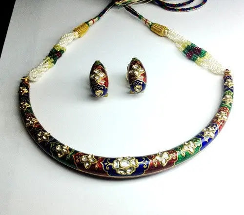 Tri-Color Meena Hasli with Uncut Diamond Polki by Suranas Jewelove   Jewelove