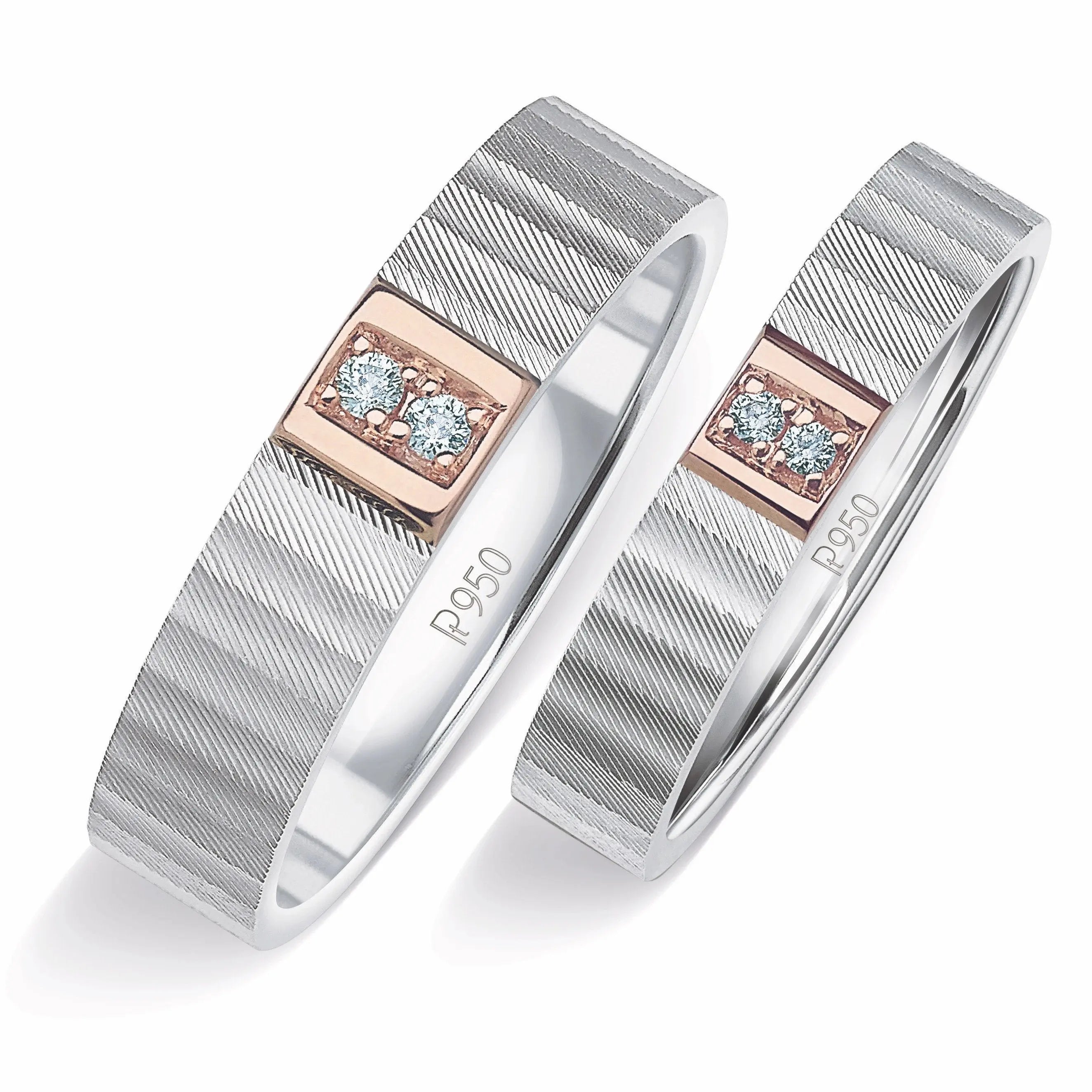 Unique Texture Platinum Love Bands with 2 Diamonds & a Touch of Rose Gold JL PT 914  Both Jewelove.US