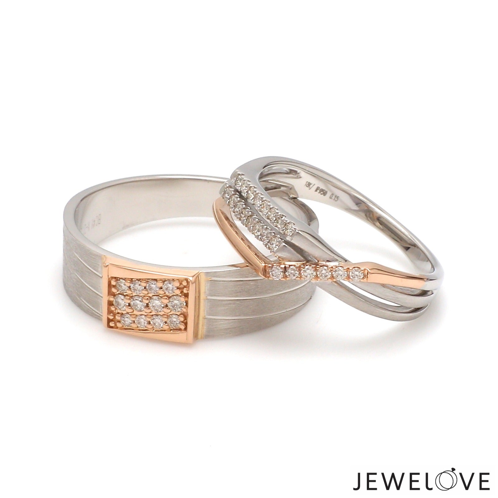 Parallel Paths Platinum Couple Rings with Rose Gold & Diamonds JL PT 966