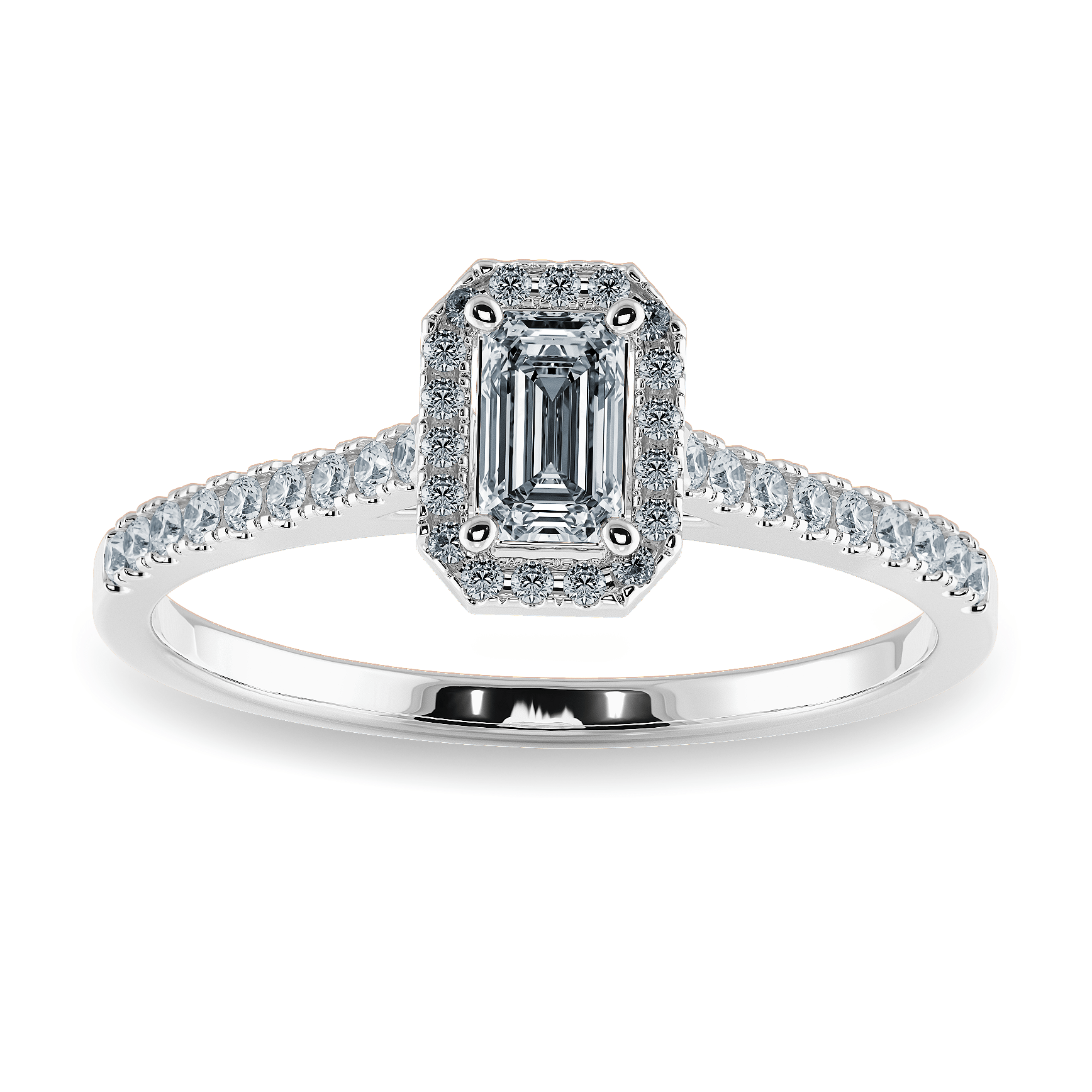70-Pointer Emerald Cut Solitaire Halo Diamond Shank Platinum Ring JL PT 1197-B