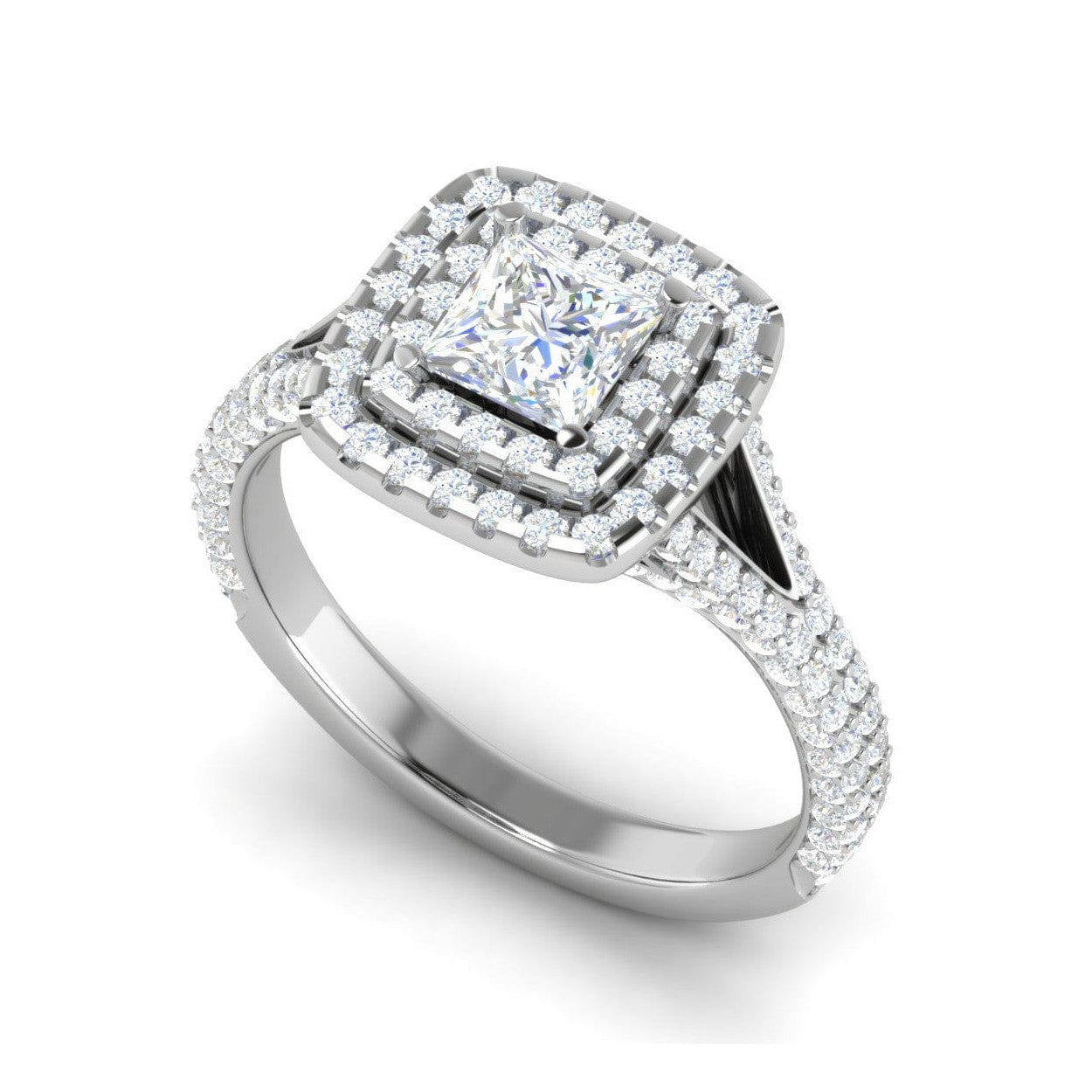 1-Carat Lab Grown Princess Cut Solitaire Double Square Halo Split Shank Platinum Engagement Ring JL PT RV PR LG-153