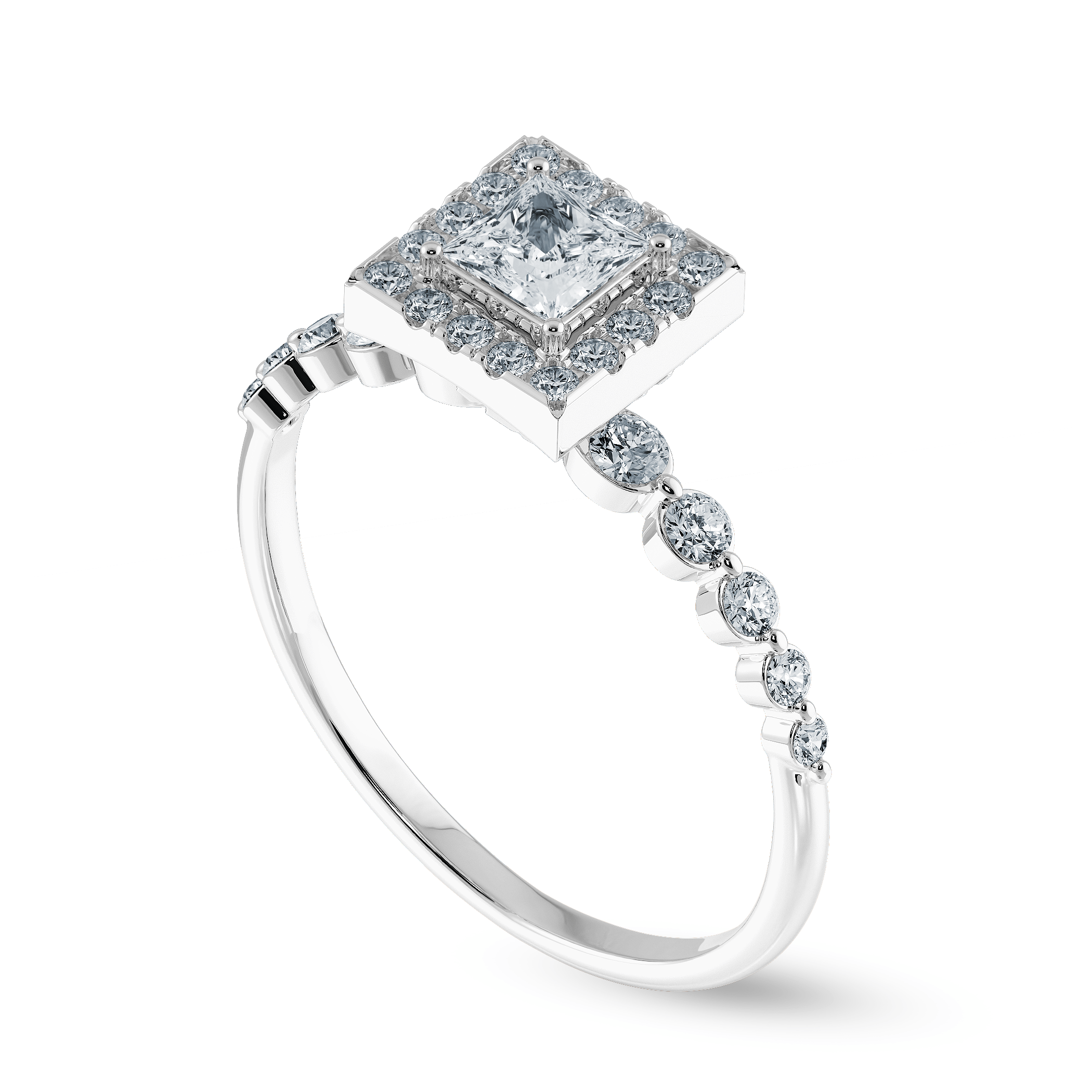 709-Pointer Princess Cut Solitaire Halo Diamond Accents Platinum Ring JL PT 2003-B