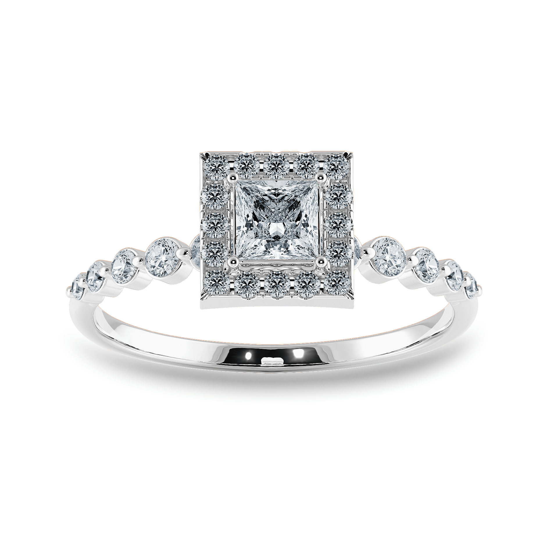 709-Pointer Princess Cut Solitaire Halo Diamond Accents Platinum Ring JL PT 2003-B