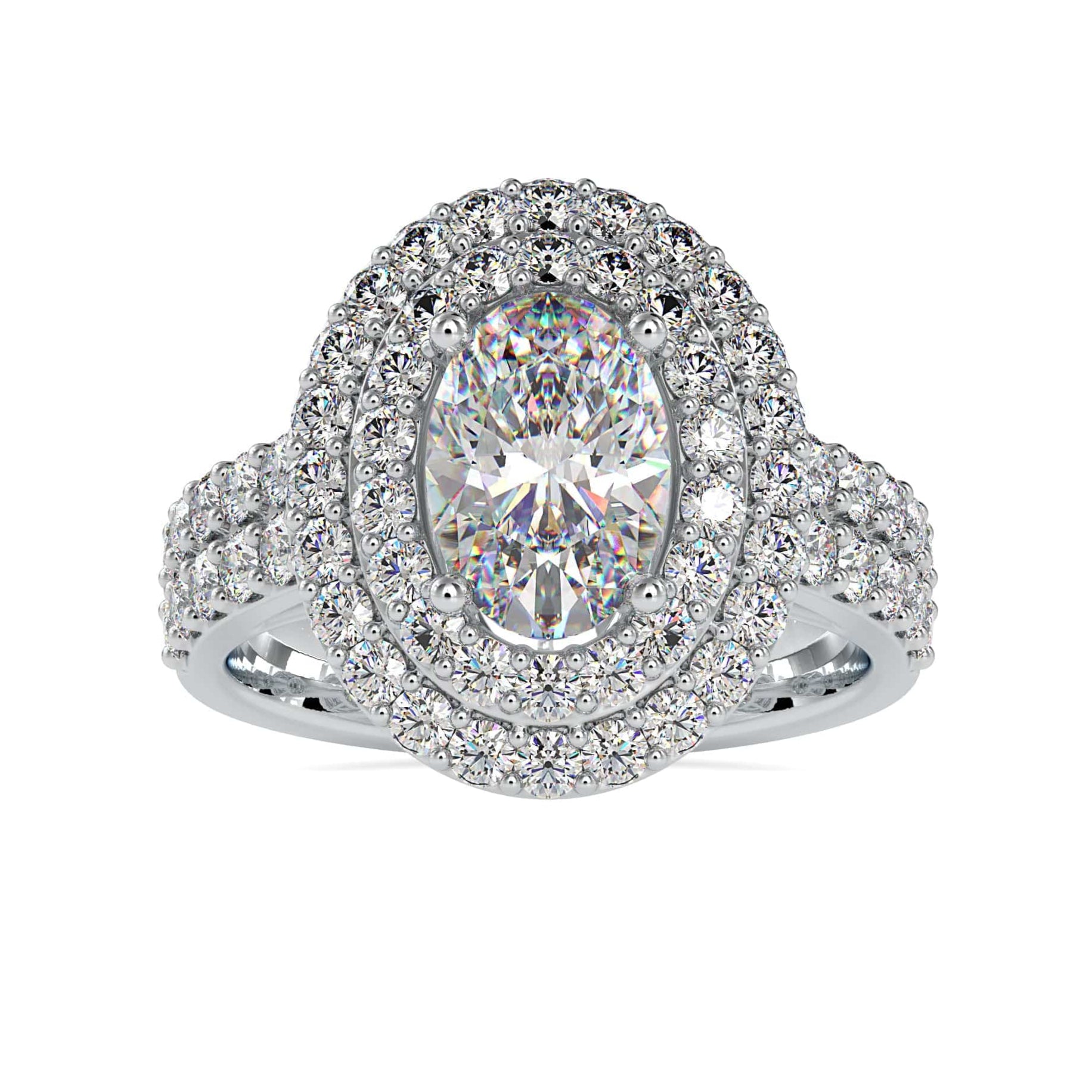 30-Pointer Oval Cut Solitaire Diamond Halo Split Shank Platinum Ring JL PT 0036