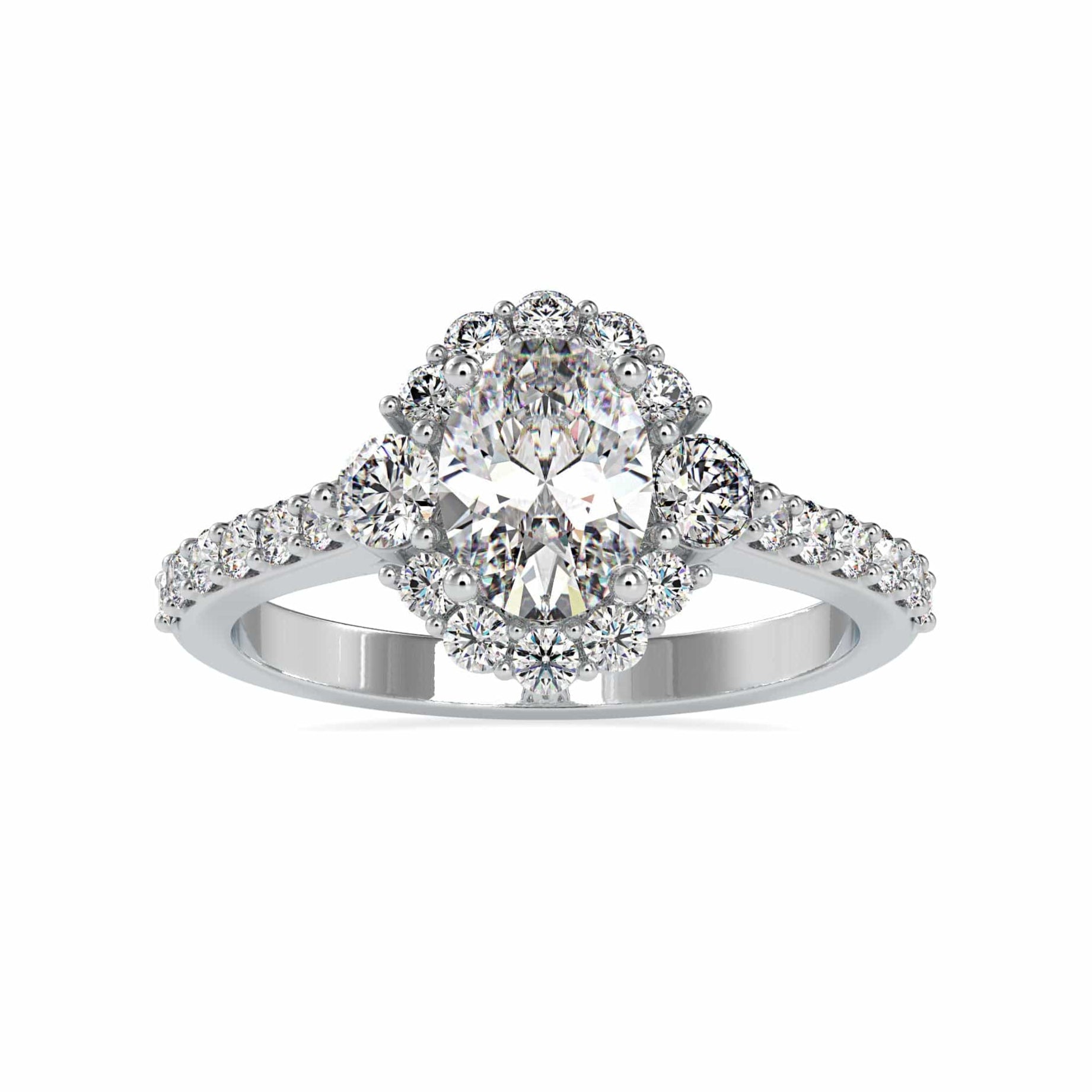 30-Pointer Oval Cut Solitaire Halo Diamond Accents Shank Ring JL PT 0059