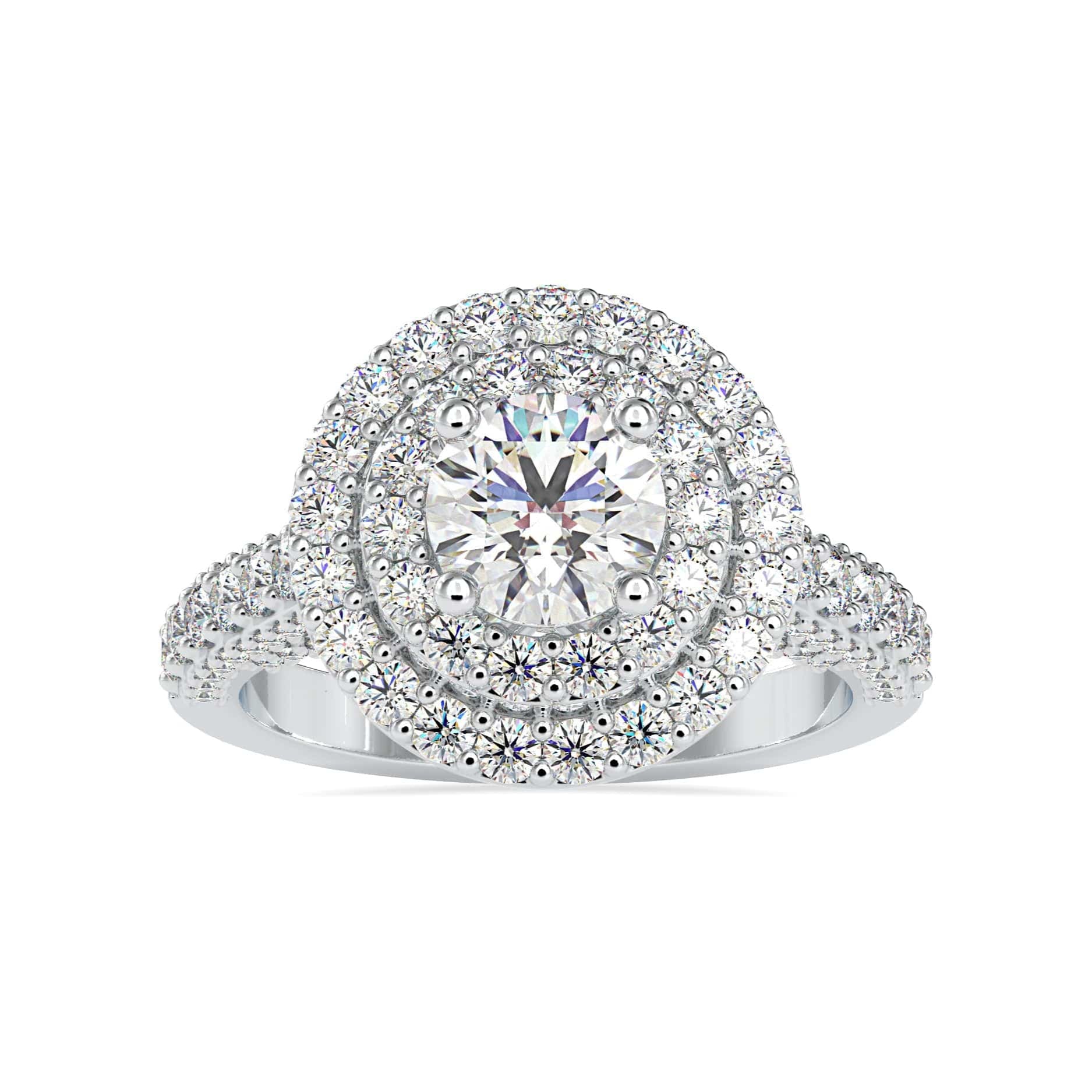 50-Pointer Solitaire Double Halo Diamond Shank Platinum Ring JL PT 0122-A