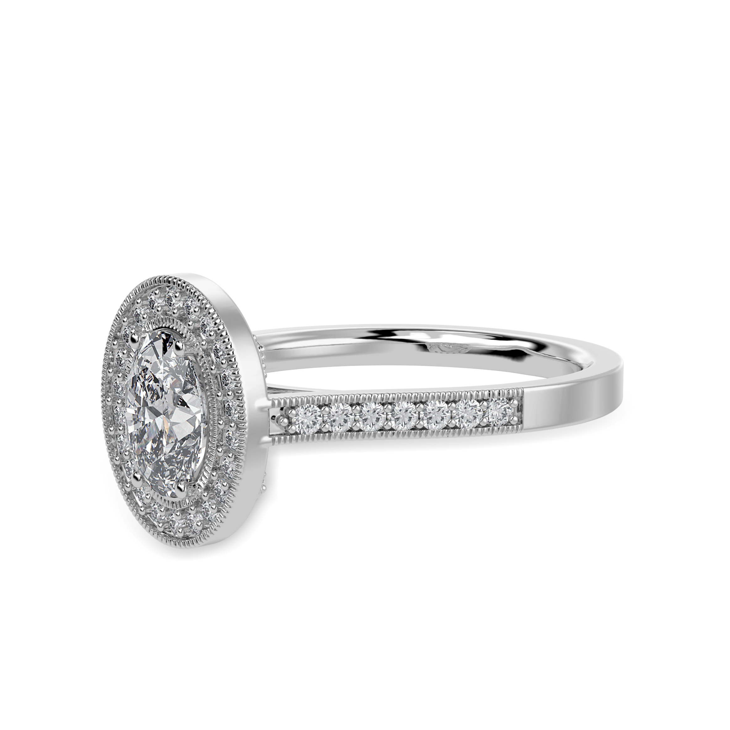 50-Pointer Oval Cut Solitaire Halo Diamond Shank Platinum Ring JL PT 1325-A
