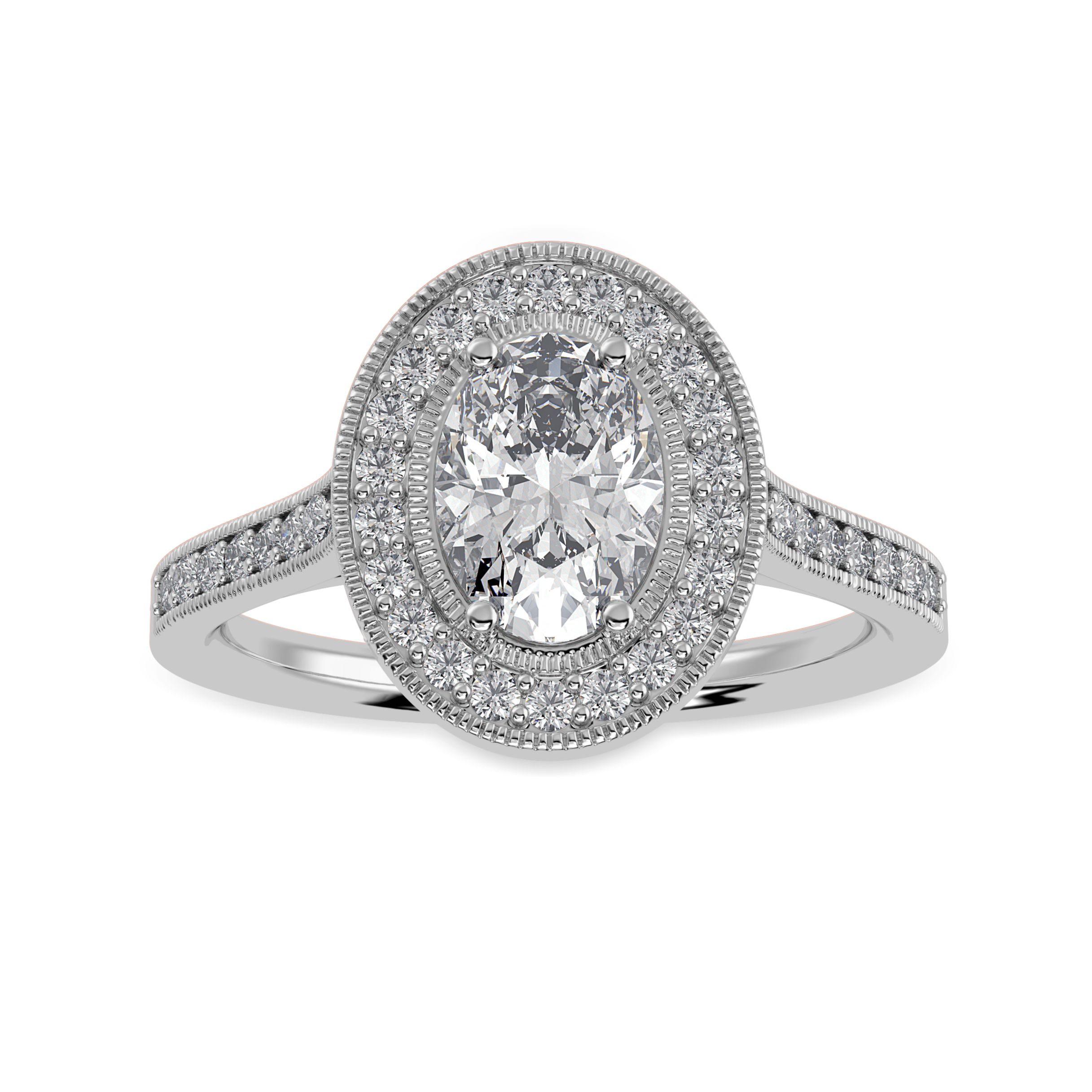 50-Pointer Oval Cut Solitaire Halo Diamond Shank Platinum Ring JL PT 1325-A