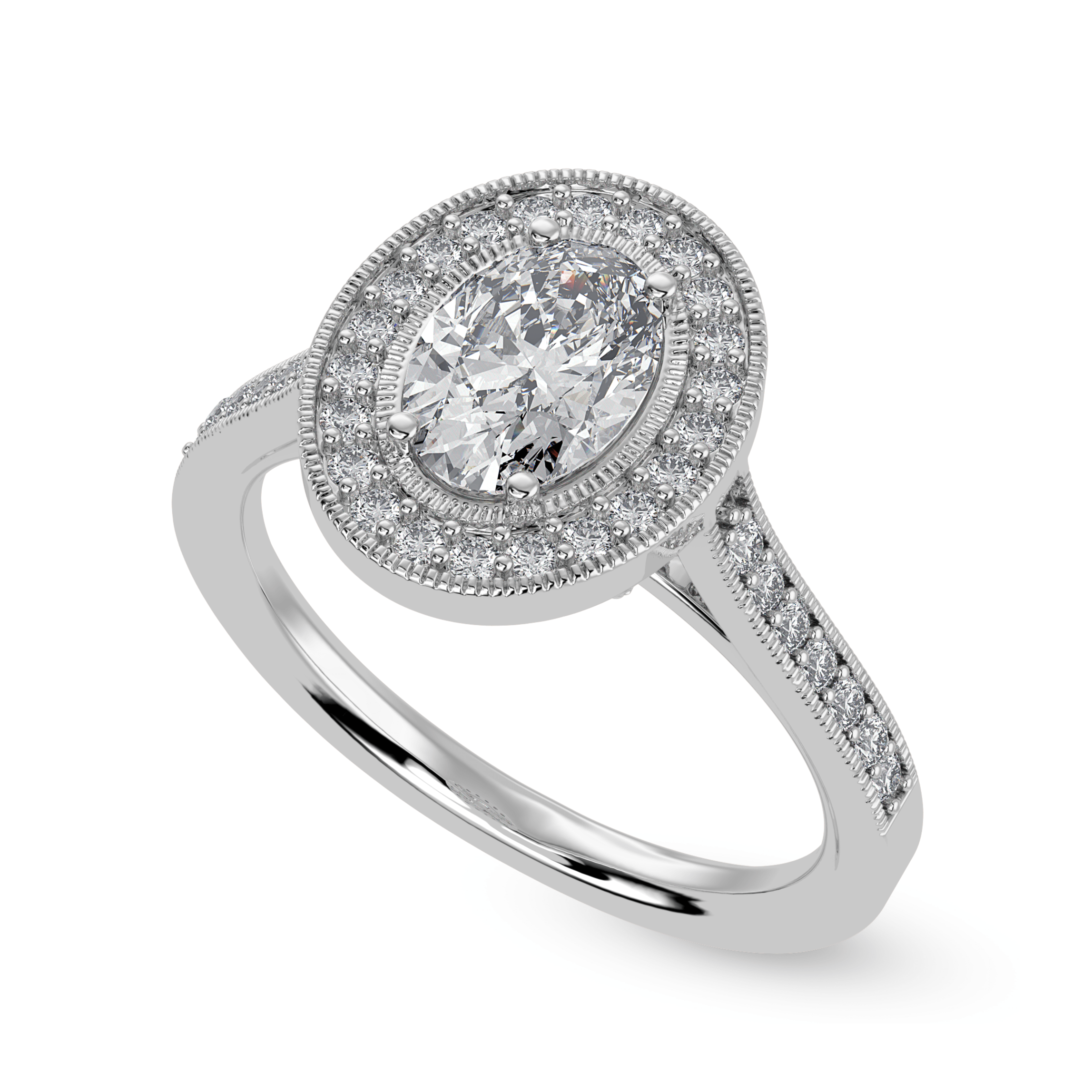 50-Pointer Oval Cut Solitaire Halo Diamond Shank Platinum Ring JL PT 1325-A