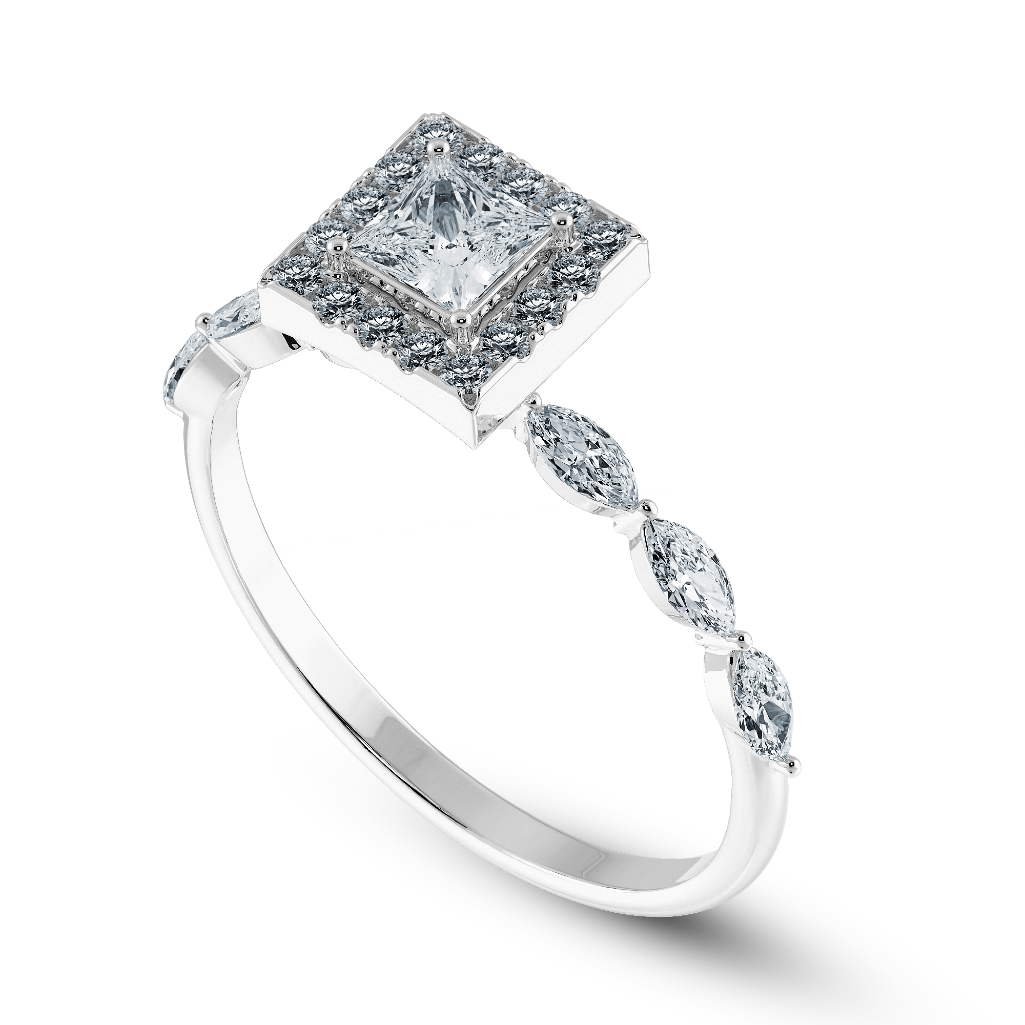 1-Carat Princess Cut Solitaire Halo Diamond with Marquise Cut Diamond Accents Platinum Ring JL PT 1277-C