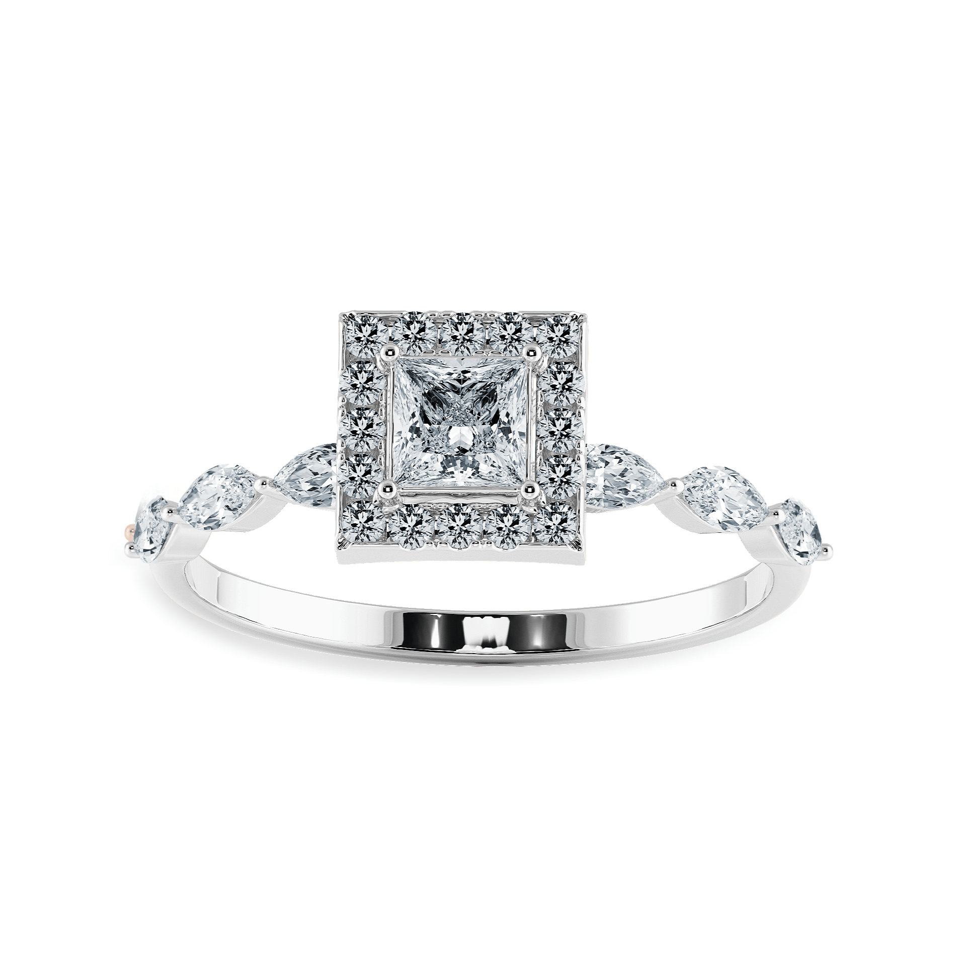 30-Pointer Princess Cut Solitaire Halo Diamond with Marquise Cut Diamond Accents Platinum Ring JL PT 1277