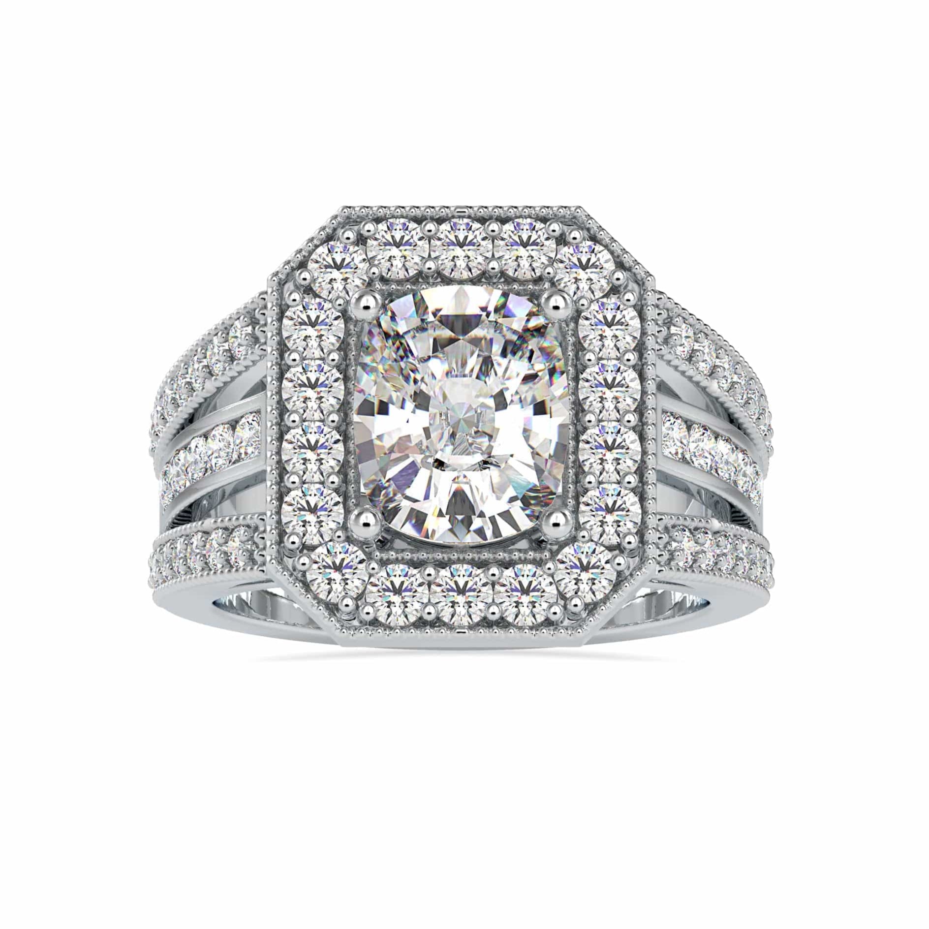 50-Poiinter Oval Cut Solitaire Halo Diamond Spilt Shank Designer Platinum Ring JL PT 0091-A