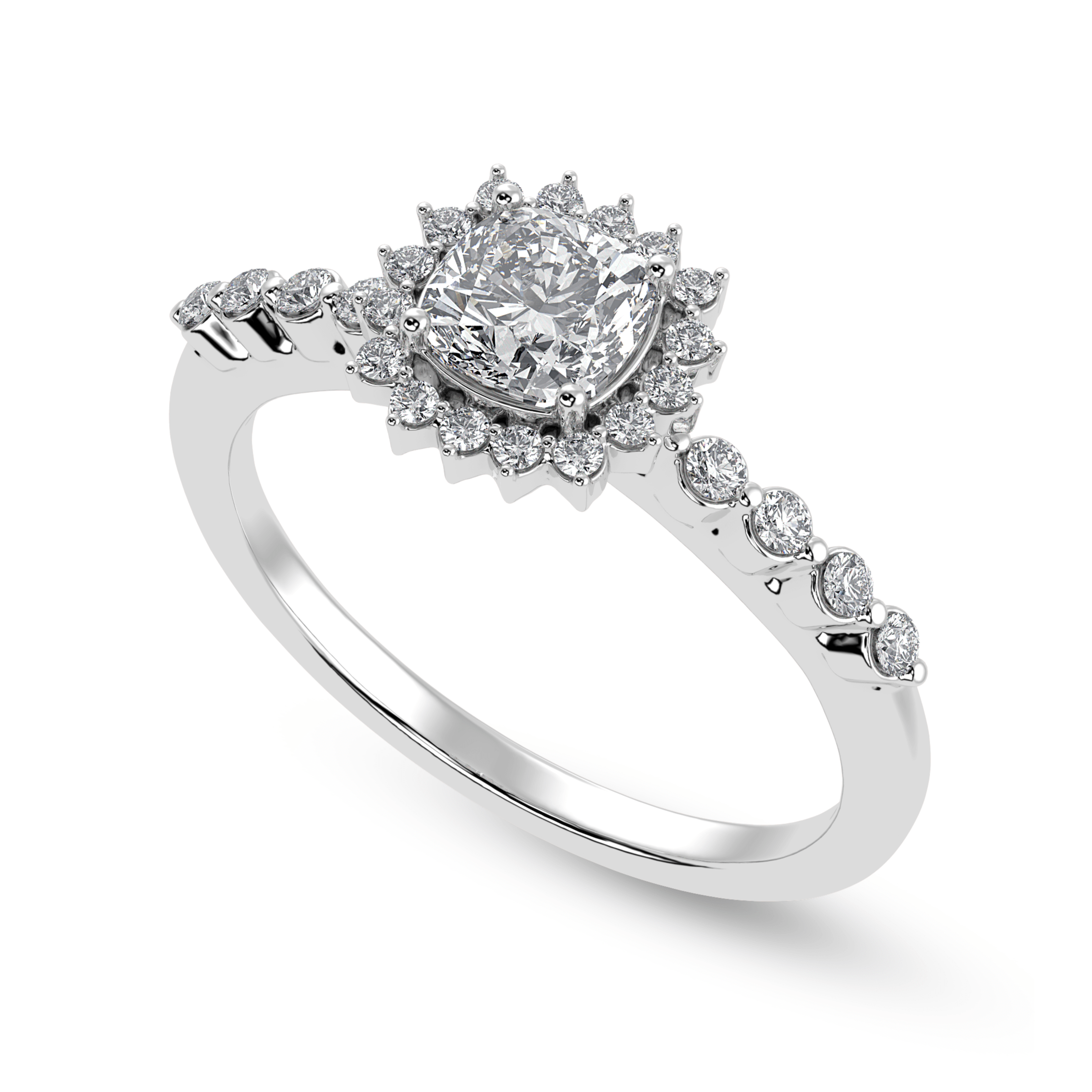 50-Pointer Cushion Cut Solitaire Halo Diamond Shank Platinum Ring JL PT 1249-A