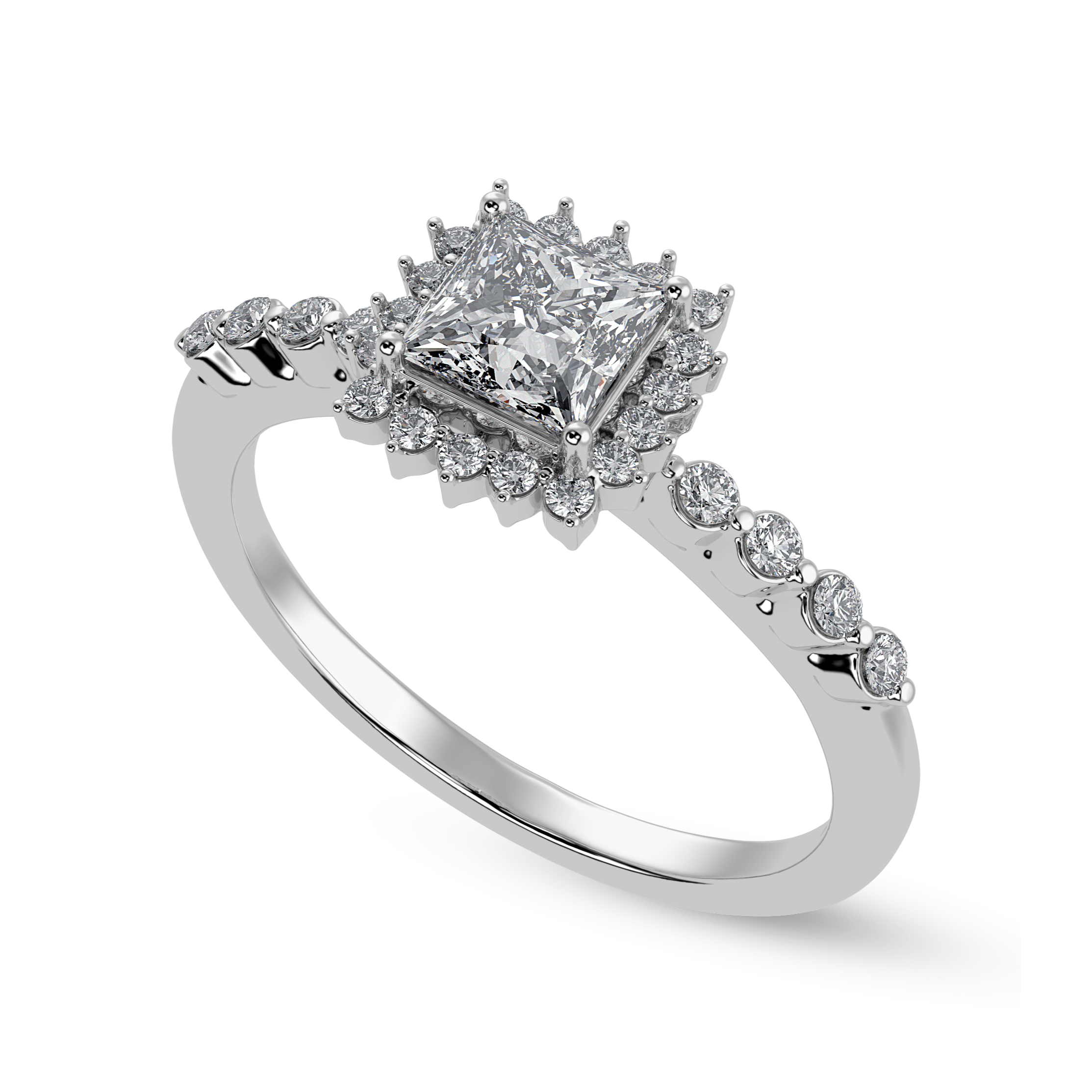 30-Pointer Princess Cut Solitaire Halo Diamond Shank Platinum Ring JL PT 1248