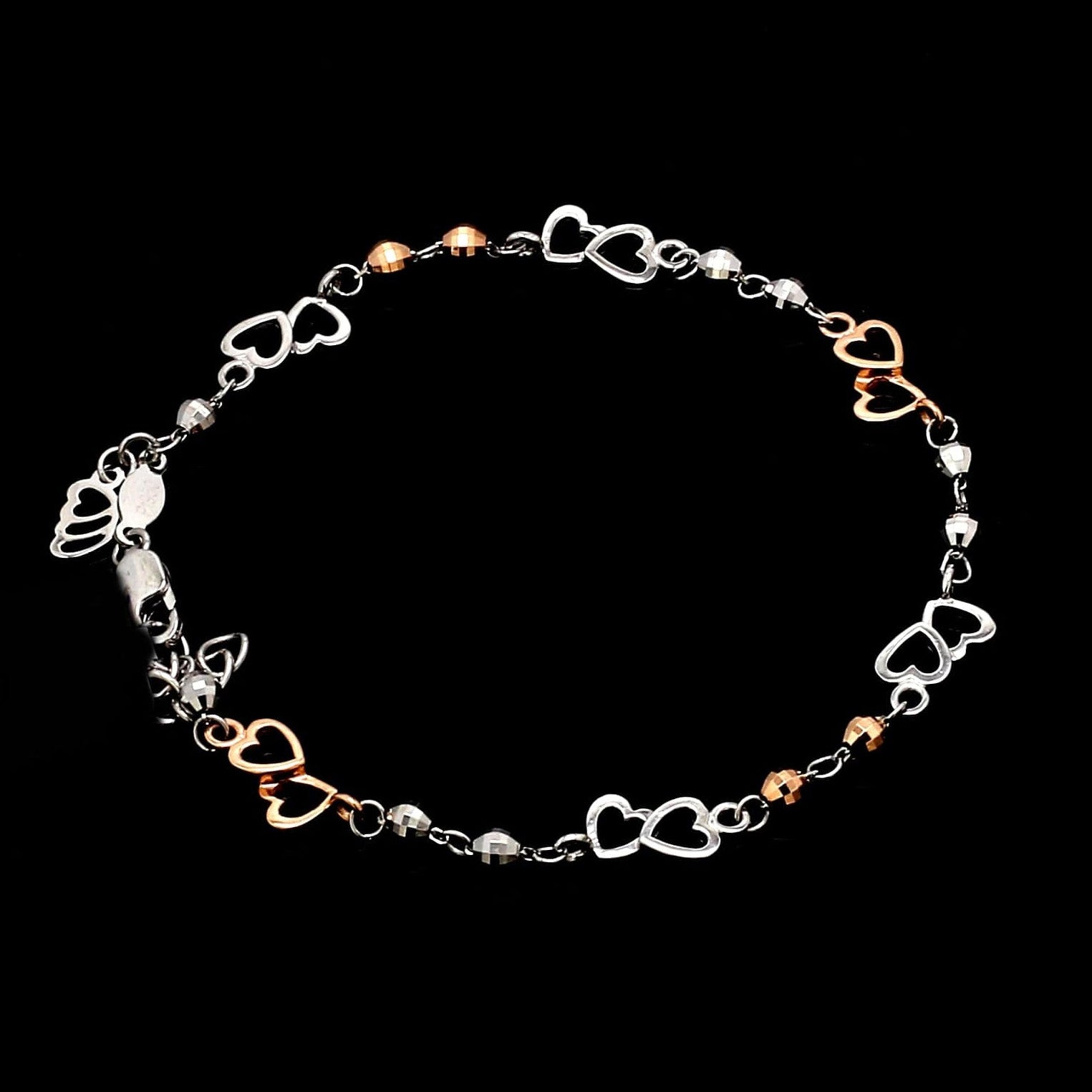 Japanese Double Heart Platinum Rose Gold Bracelet with Diamond Cut Balls JL PTB 1213