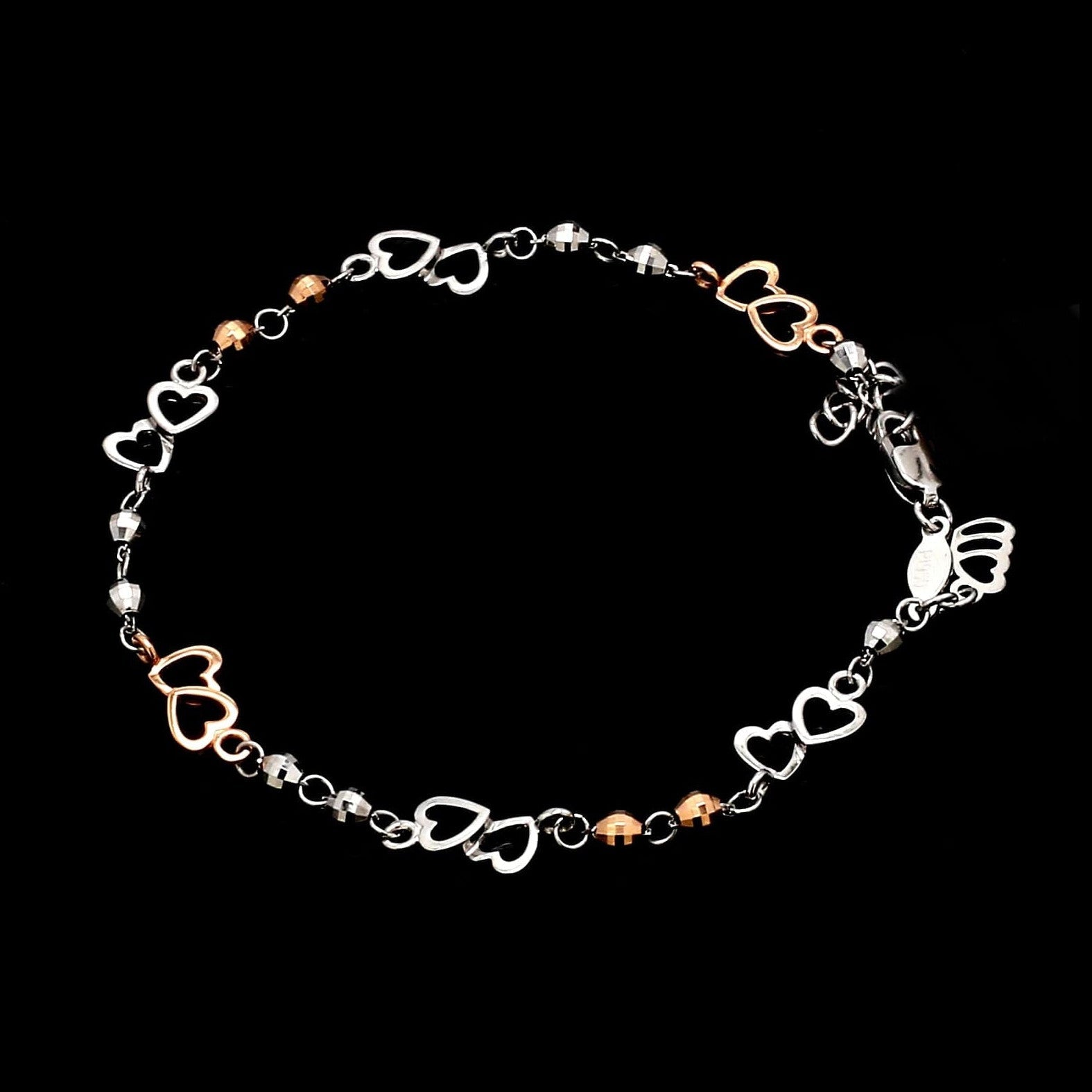 Japanese Double Heart Platinum Rose Gold Bracelet with Diamond Cut Balls JL PTB 1213