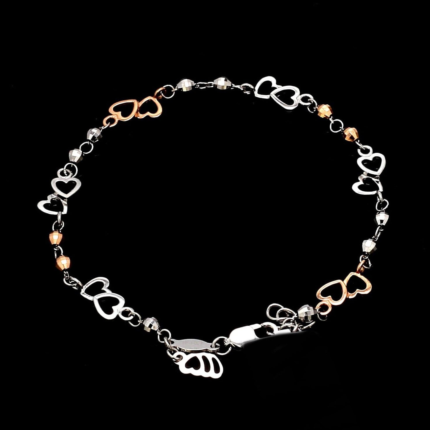 Japanese Double Heart Platinum Rose Gold Bracelet with Diamond Cut Balls JL PTB 1213