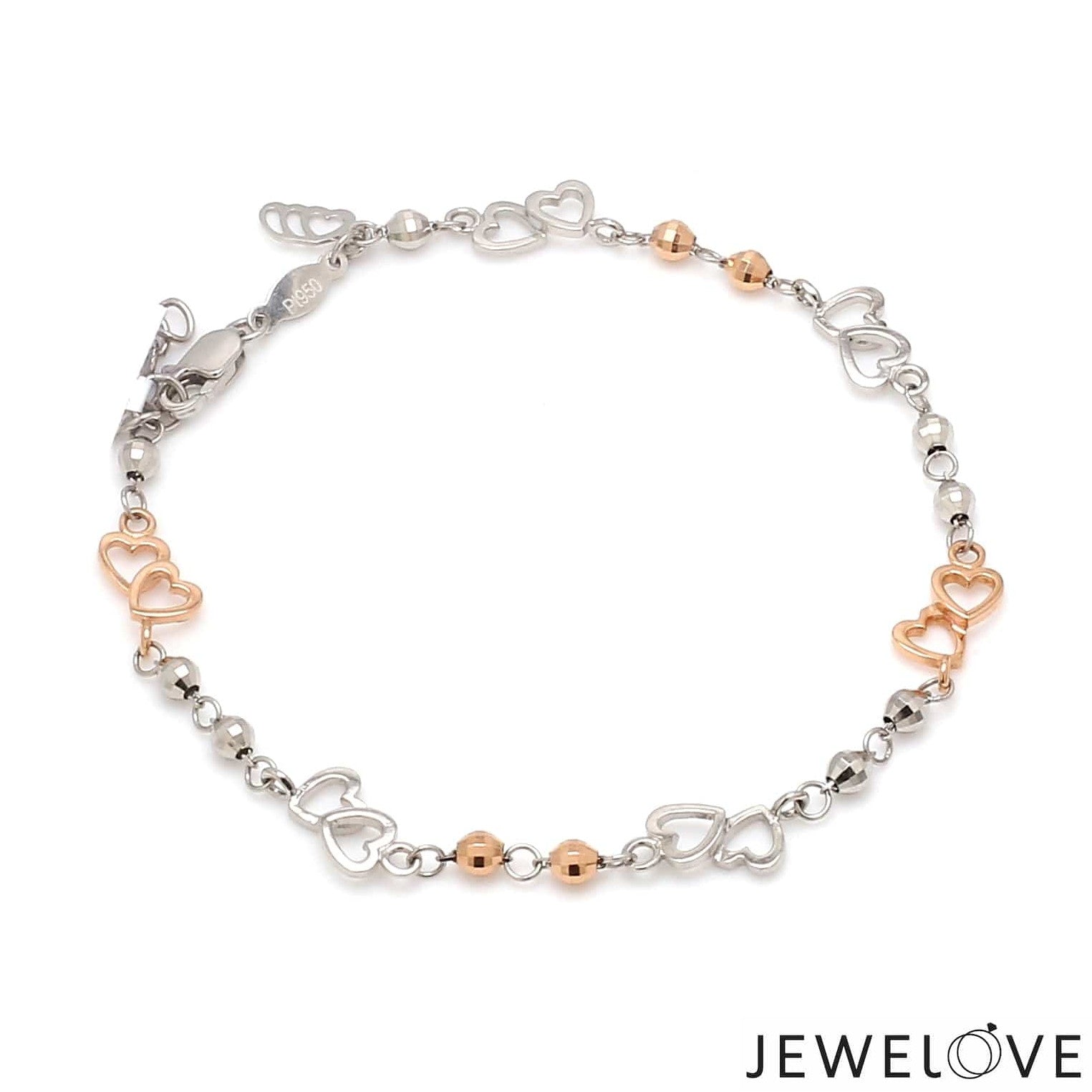 Japanese Double Heart Platinum Rose Gold Bracelet with Diamond Cut Balls JL PTB 1213