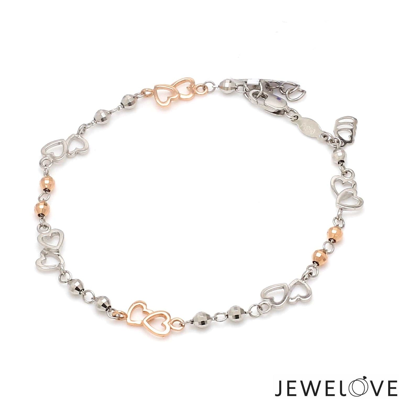 Japanese Double Heart Platinum Rose Gold Bracelet with Diamond Cut Balls JL PTB 1213