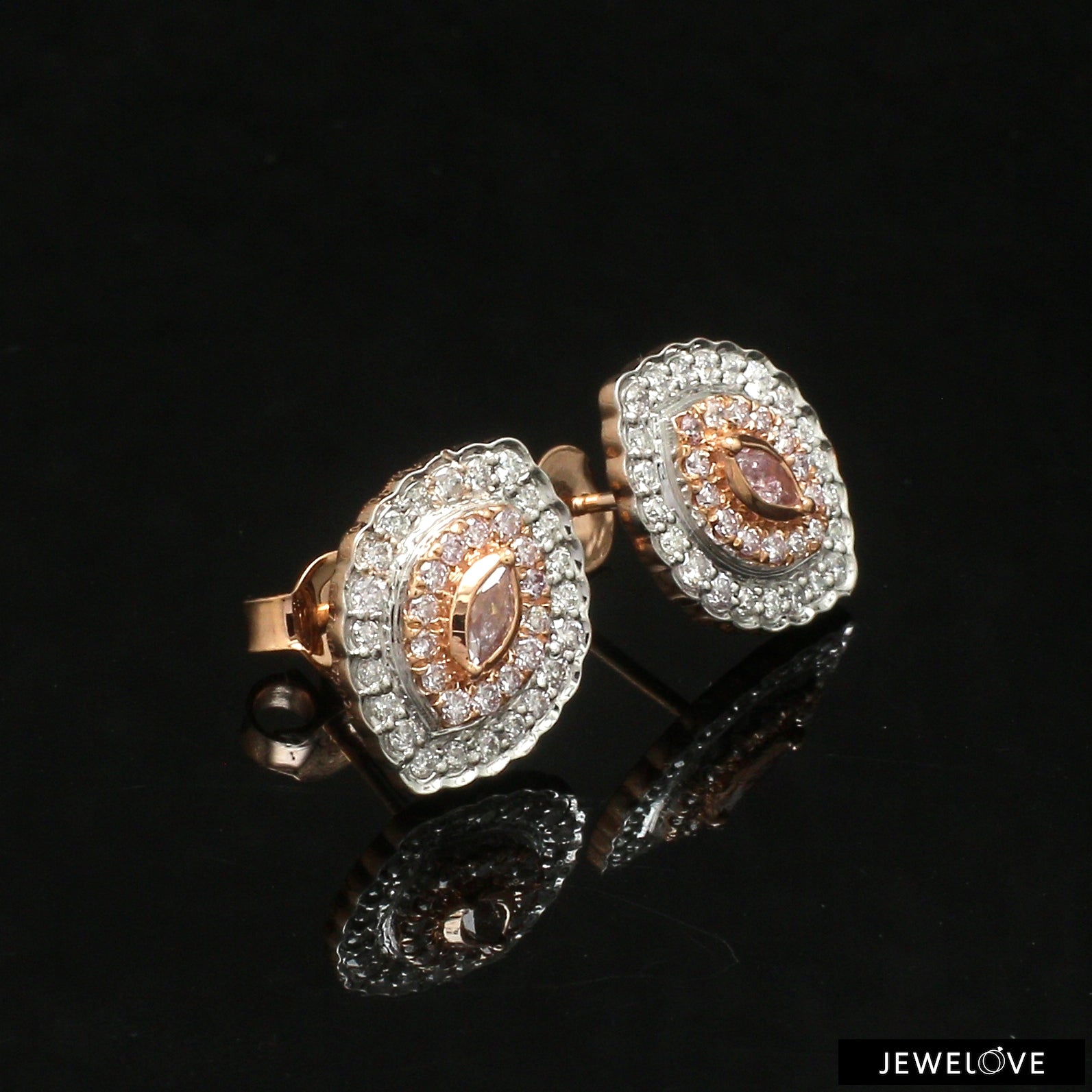 18K Rose Gold Pink Marquise Diamond Earrings with Light Pink & White Round Diamond JL AU PD 105