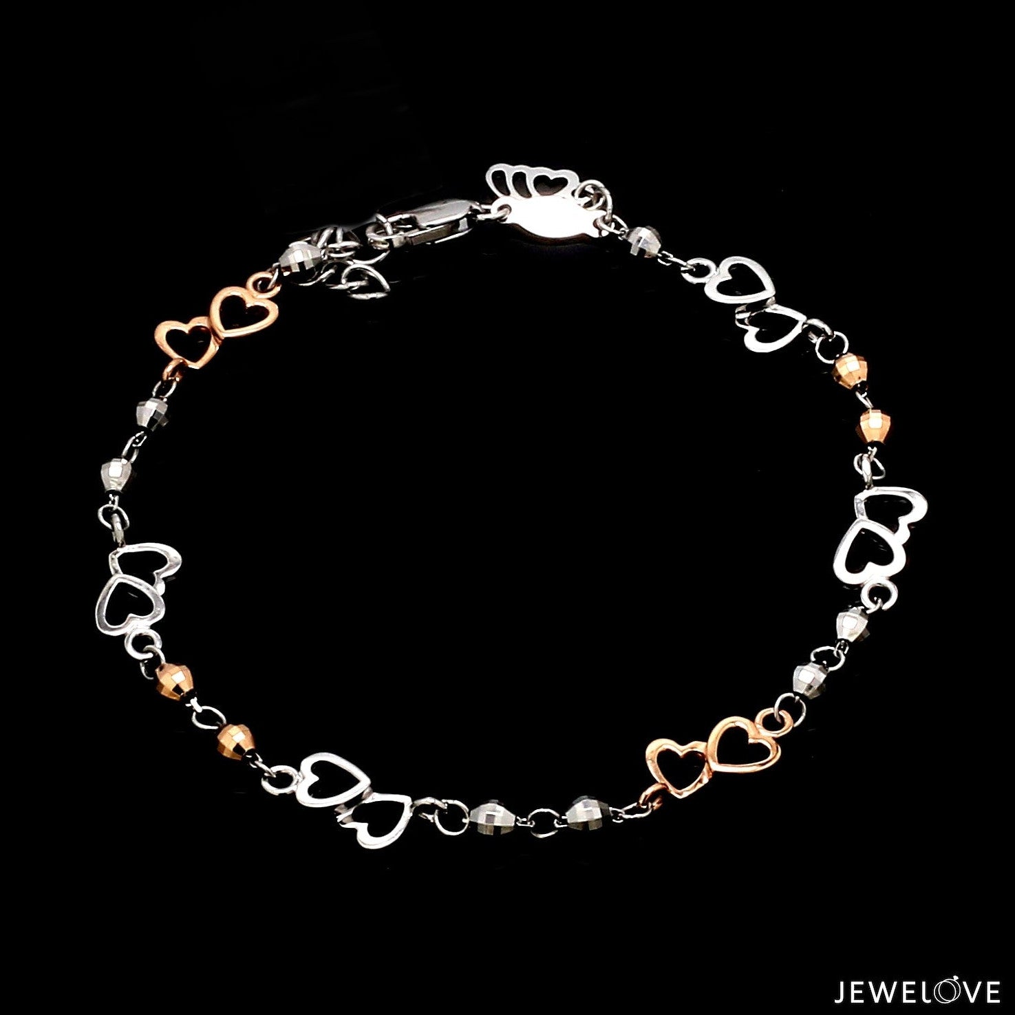 Japanese Double Heart Platinum Rose Gold Bracelet with Diamond Cut Balls JL PTB 1213