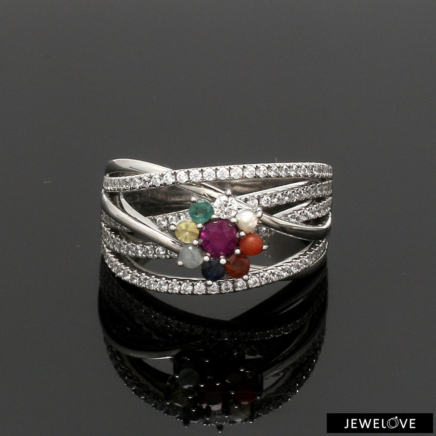 Ruby Navratan Platinum Ring with Diamond JL PT 1356   Jewelove.US