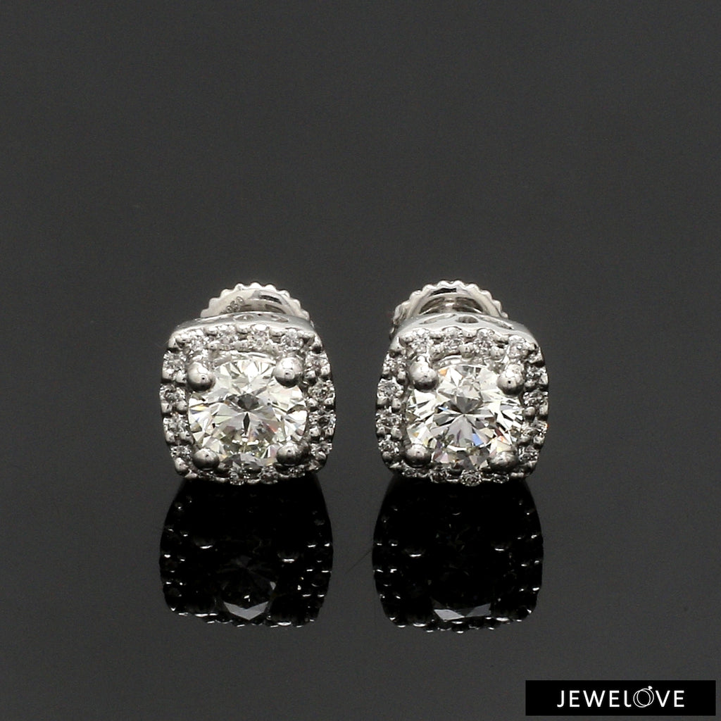 Platinum Solitaire Square Halo Earrings JL PT E 325-A   Jewelove.US