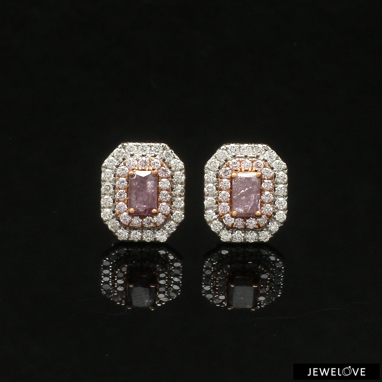 18K Rose Gold Pink Emerald Cut Diamond Earrings with Light Pink & White Round Diamond JL AU PD 106