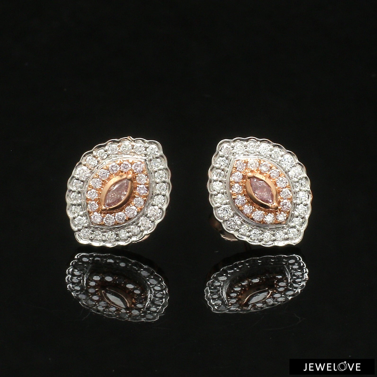 18K Rose Gold Pink Marquise Diamond Earrings with Light Pink & White Round Diamond JL AU PD 105