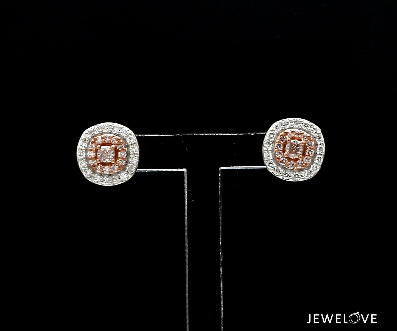 18K Rose Gold Cushion Earrings with Pink Cushion Cut & White Round Diamond JL AU PD 104