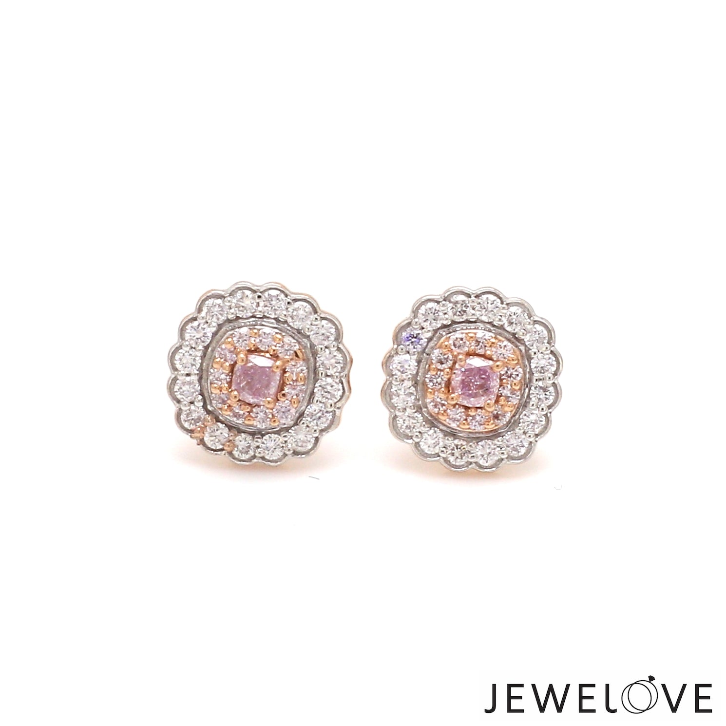 Natural Fancy Color Pink Diamond Cushion Shape Double Halo 18K Gold Earrings JL AU E 338R