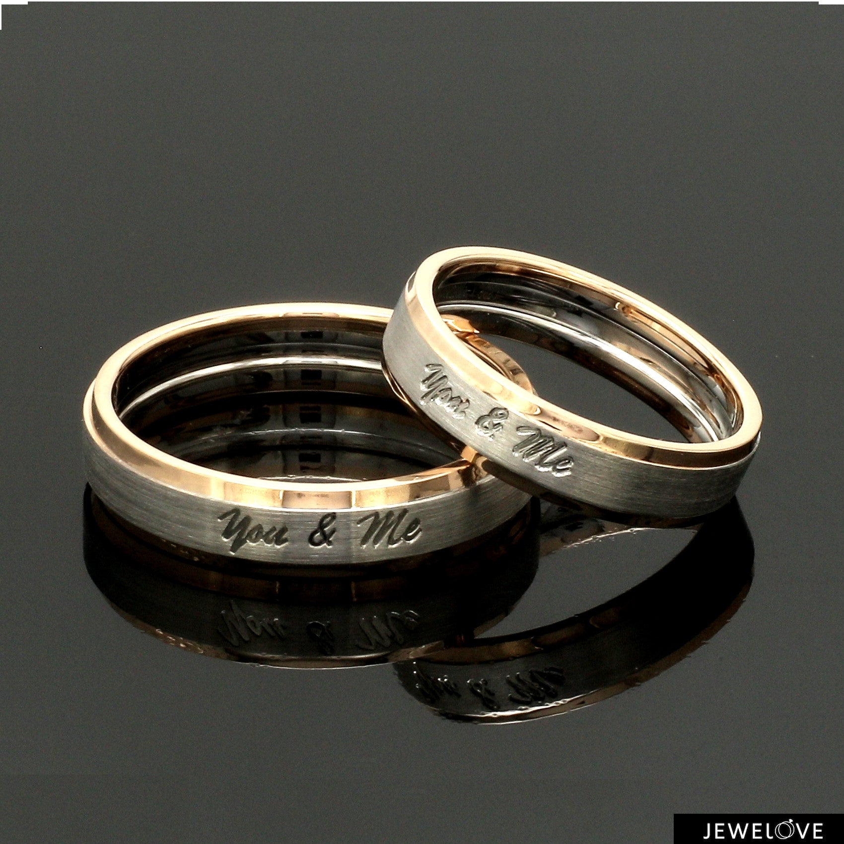 Engraved Platinum Love Bands with Rose Gold You & Me Ring JL PT 1404