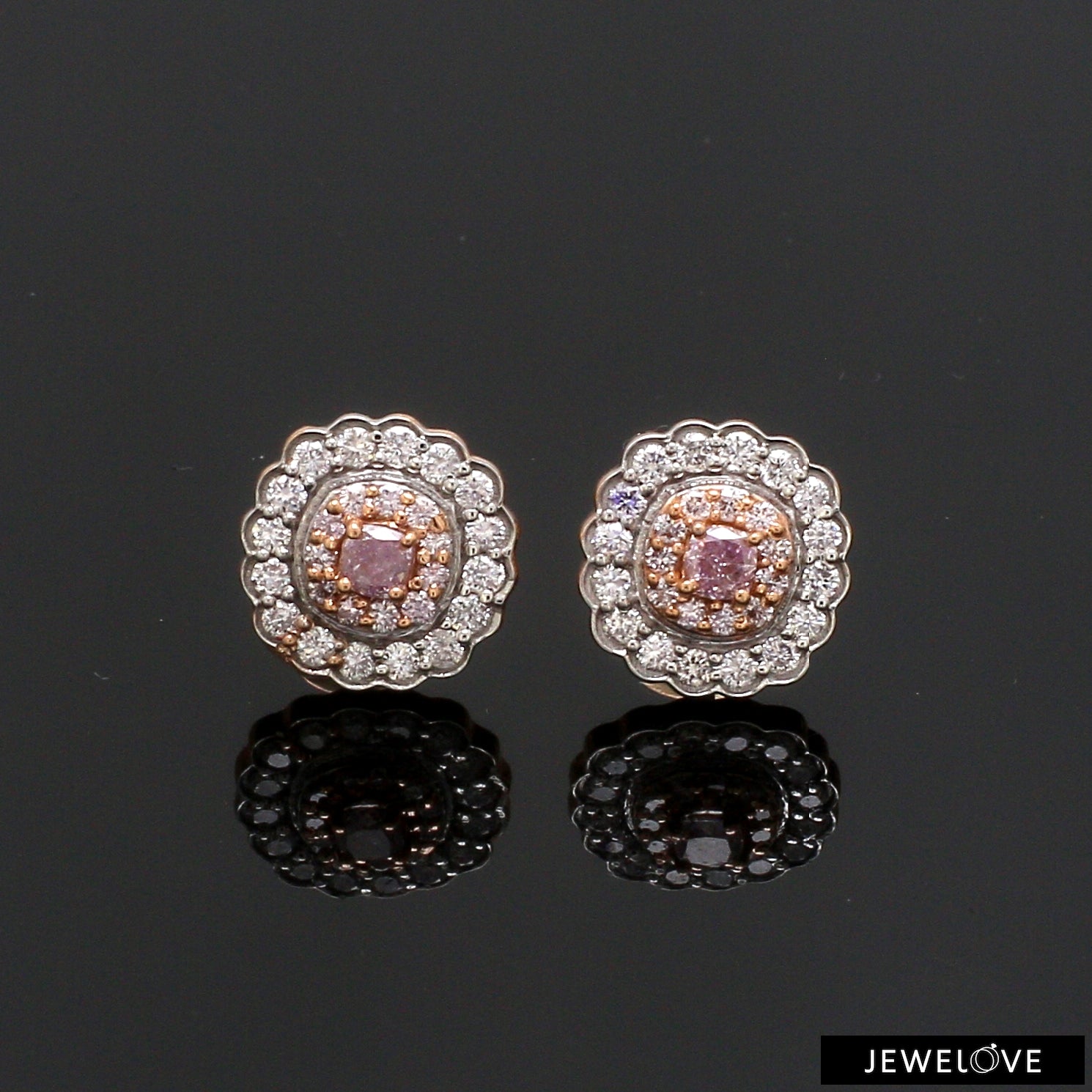 Natural Fancy Color Pink Diamond Cushion Shape Double Halo 18K Gold Earrings JL AU E 338R